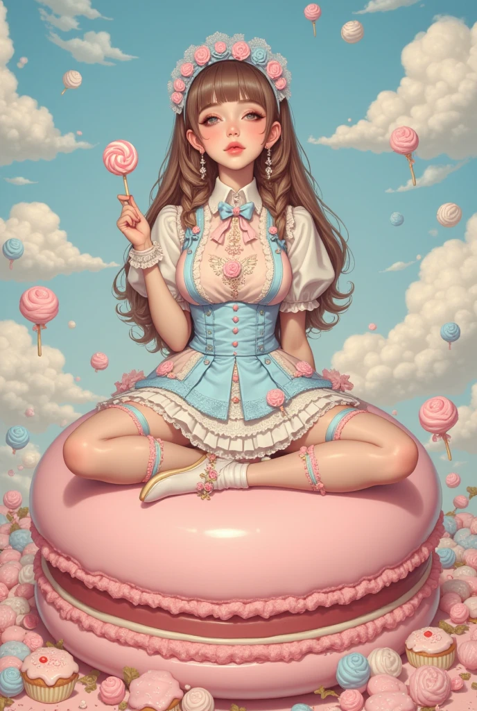 Themed with cute candy land chefs,Create a series of cute chibi style dolls, Each one is rich in details,Resolution reaches 8K. All dolls should follow the same Candy Land candy wallpaper pattern and be complete in the image, show (whole body, Including legs: 1.5)
Candyland F Doll: call her Marina. She must have had short soft hair. Your eyes should be large and expressive, long eyelashes and rosy cheeks. Smile is delicate and white. Sophie must wear colorful clothing, Pastel tones and luscious details. She should be holding a piece of candy in her hand. Certifique-se de adicionar detalhes nas clothing, Such as buttons and pockets, Beautiful shoes must be shaded, Hair texture and details, clothing, Candy and chocolate bars, Make them more lovely and charming.((sitting on floor, spreading legs wide open, handa in hair)),((huge perky breasts, deep cleavage 1.8, thick thighs))