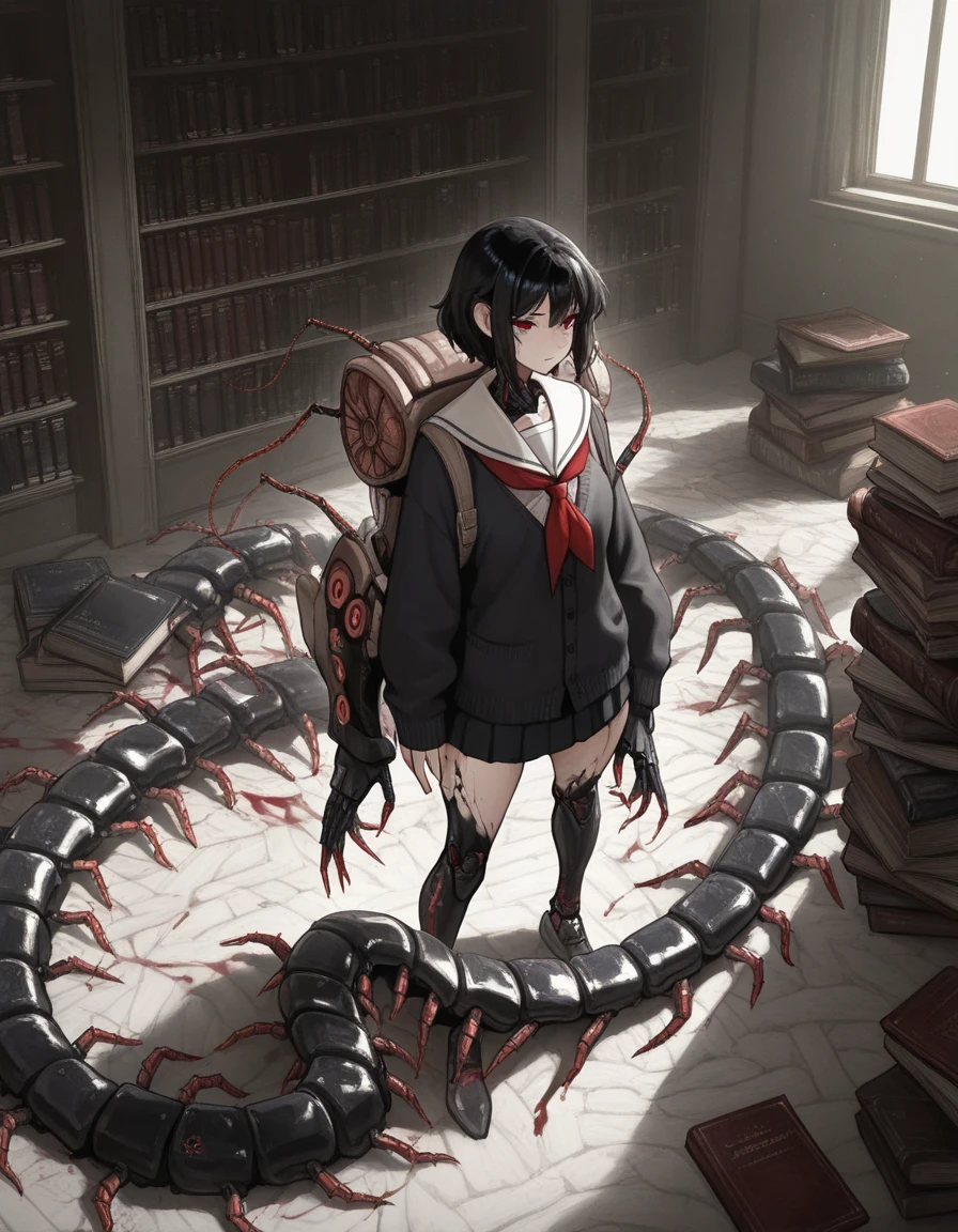 A female spider spirit wearing a shirt,Female monsters,Asian face,arachne,Spider's tentacles,校服,Loose large collar sailor suit,Bow knot, magic school student uniform, hyper realistic schoolgirl