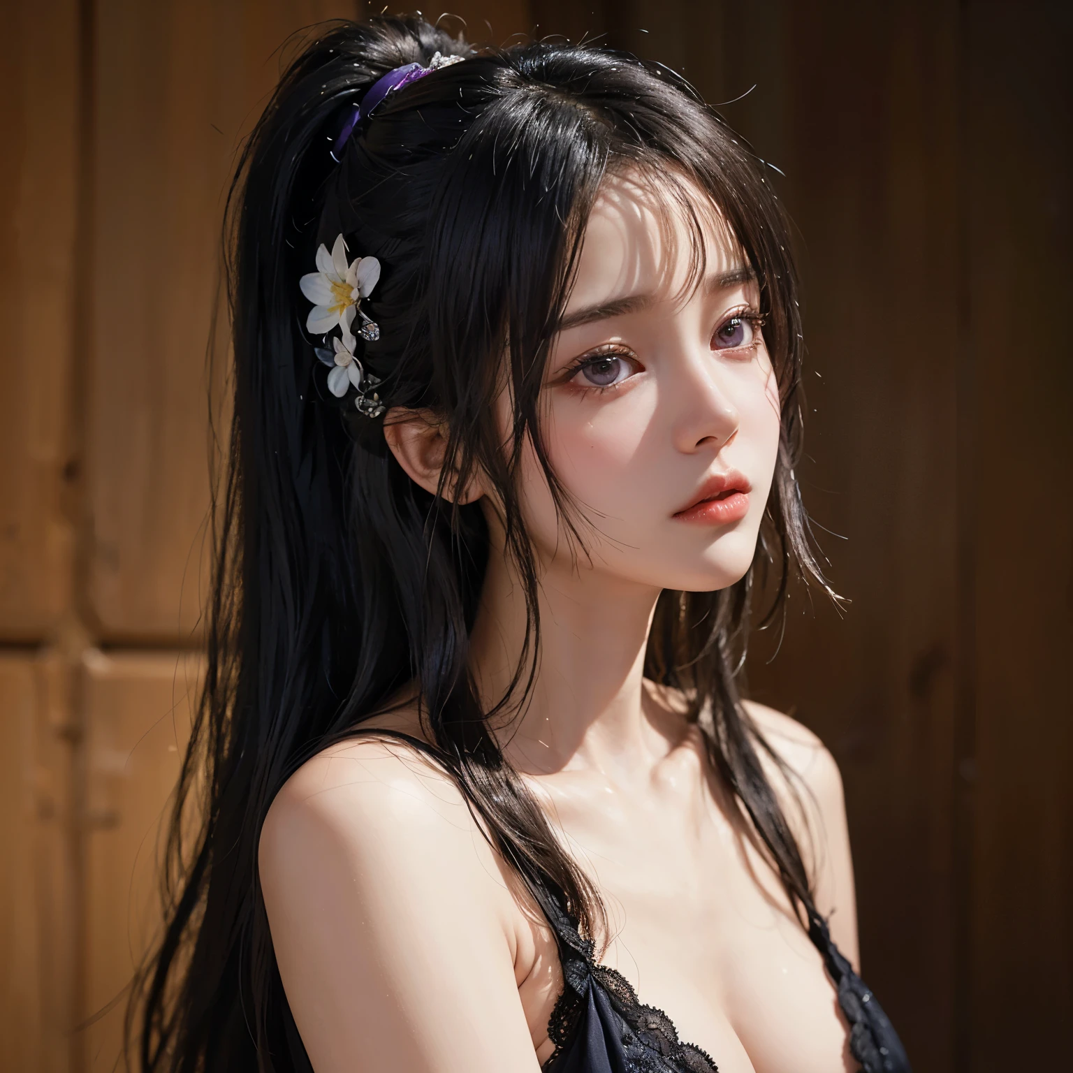Masterpiece, best quality, very detailed, best shadow, Beautifully detailed face, Beautifully detailed eyes, high contrast,, 1 girl, small, (big breasts), hair on one eye, bare shoulders,, white background:1.3, (Face focus:1.3, close to the eyes:1.3), ((from behind:1.3)), is,