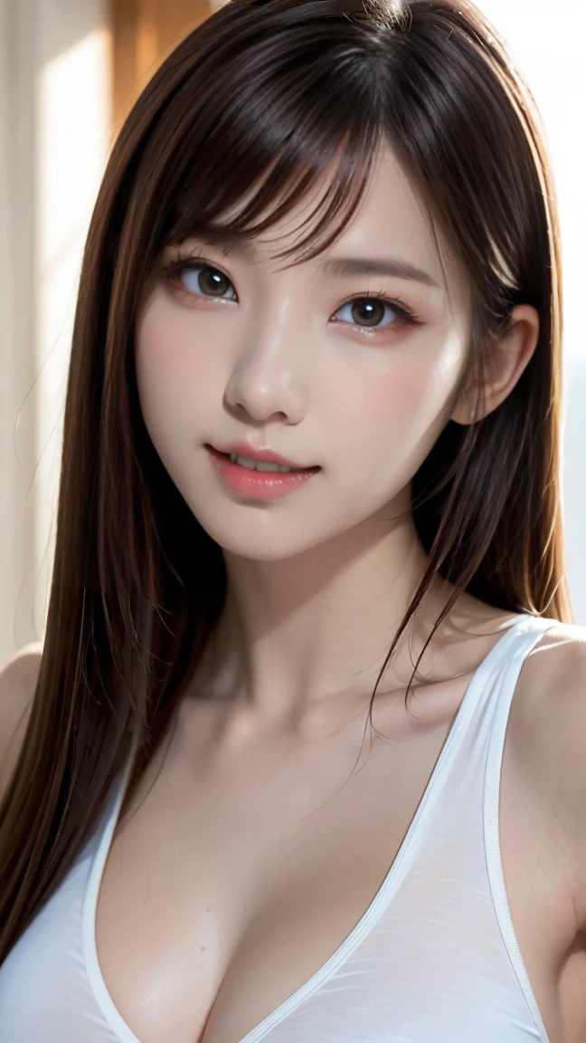 extremely detailed eye, extra detailed face, Best Quality ,masutepiece, Extremely detailed, Ultra-detailed, (Realistic, Photorealsitic:1.3), Smile, (facing front), Looking at Viewer, Black shirt, 1girl in , slim figure、big breasts thin waist、in a office、cleavage of the breast、(Slim Faces:1.2)、Slim jaw