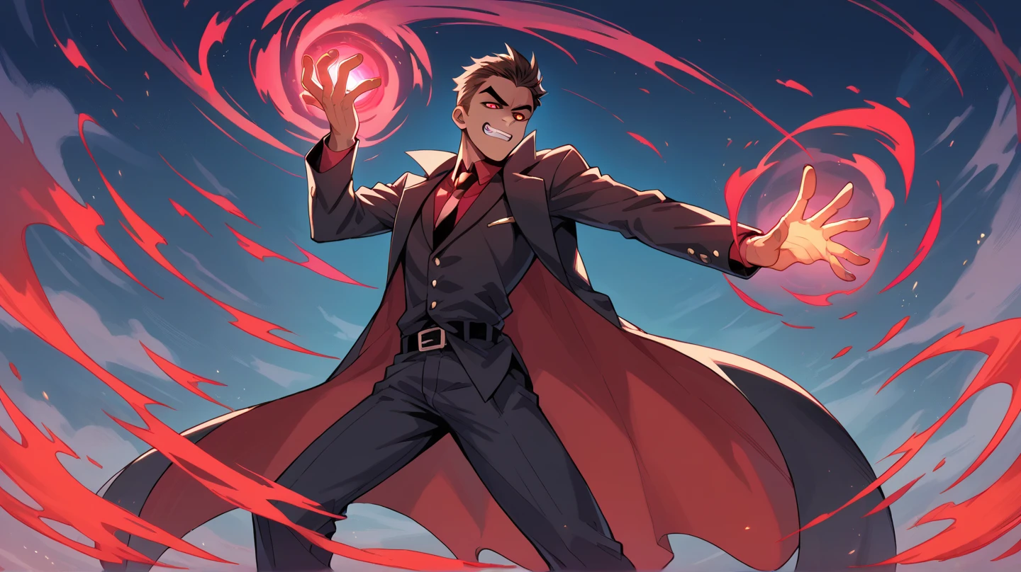 Bad guy, dark magic, villain, red eyes, powerful, magic, aura, anime style