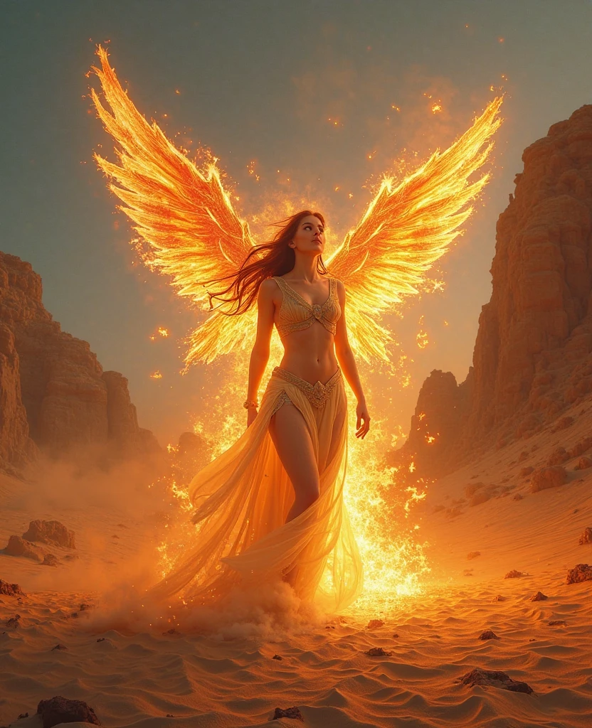 The angel burned her whole body on fire, holding her hand and crying for help., full naked, no cloths, Temple on Fire, flame, ignite, Full body light, screaming, request