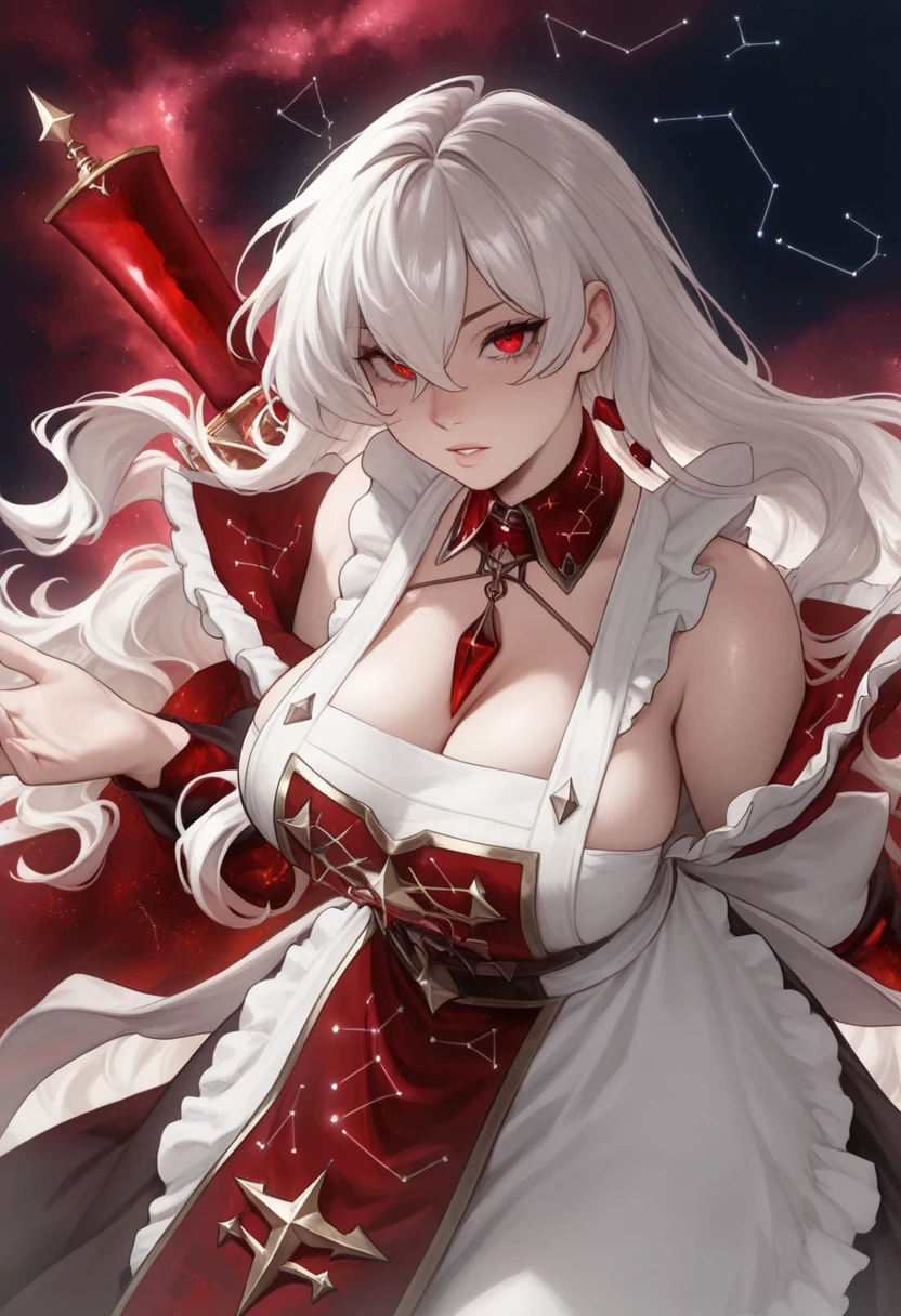 vampire, , potion bottle, glowing red potion, masterpiece, best quality, super detailed, illustration, super detailed face, best face, evil,, adult, 1girl, 30 years old, big breasts, no humans, white hair, red armor, belt, long sword, torn cape, pale skin, intricate detail outfit