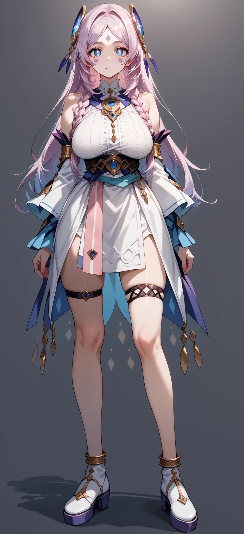 score_9, score_8_up, score_7_up, source_anime, 4K,perfect fingers,(perfect hands, perfect anatomy),prefect lighting, very aesthetic, intricate details,highly detailed background, masterpiece, high quality, best quality,
citlali, blue eyes, bright pupils, facial mark, long hair, multicolored hair, pink hair, purple hair, hair intakes, braid, twin braids, parted bangs, hair ornament,Large Breast
wearing ((thigh strap, detached sleeves, bare shoulders, dress, )) ,,
Standing, A sagging breast, ((White plain background:1.5)) , Female standing casual pose,