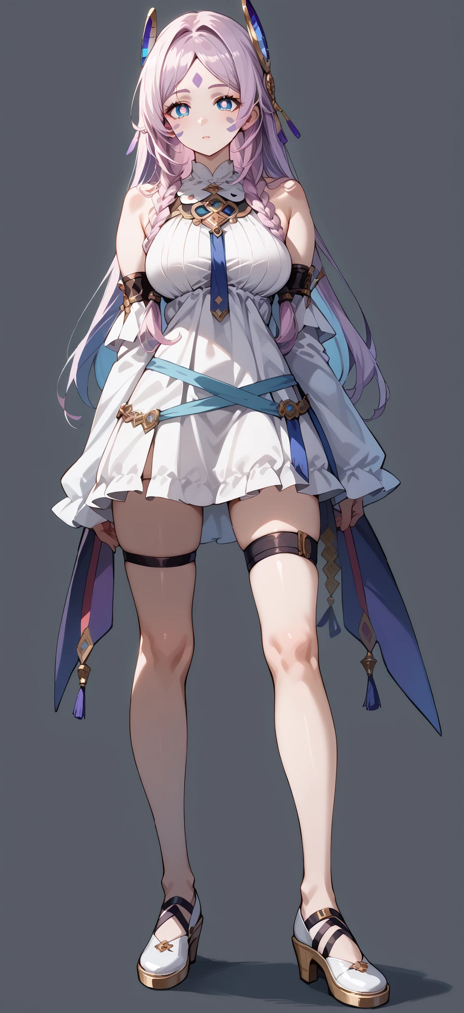score_9, score_8_up, score_7_up, source_anime, 4K,perfect fingers,(perfect hands, perfect anatomy),prefect lighting, very aesthetic, intricate details,highly detailed background, masterpiece, high quality, best quality,
citlali, blue eyes, bright pupils, facial mark, long hair, multicolored hair, pink hair, purple hair, hair intakes, braid, twin braids, parted bangs, hair ornament,Large Breast
wearing ((thigh strap, detached sleeves, bare shoulders, dress, )) ,,
Standing, A sagging breast, ((White plain background:1.5)) , Female standing casual pose,