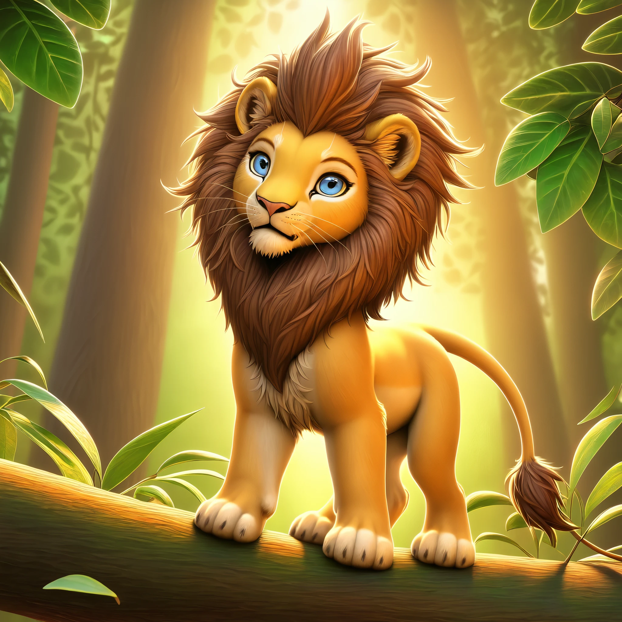 1 Cute lion, Cute lion, beautiful detailed eyes, Beautiful detailed nose, beautiful detailed mouth , For the 2000 anime , forest, Lush Greenery, sunlight penetrates the leaves, soft focus , warm color palette, glowing lighting , detailed fur texture, Brazilian buttocks, (best quality,4K,8k,highres,masterpiece:1.2), very detailed,(really,photoreally,photo-really:1.37)