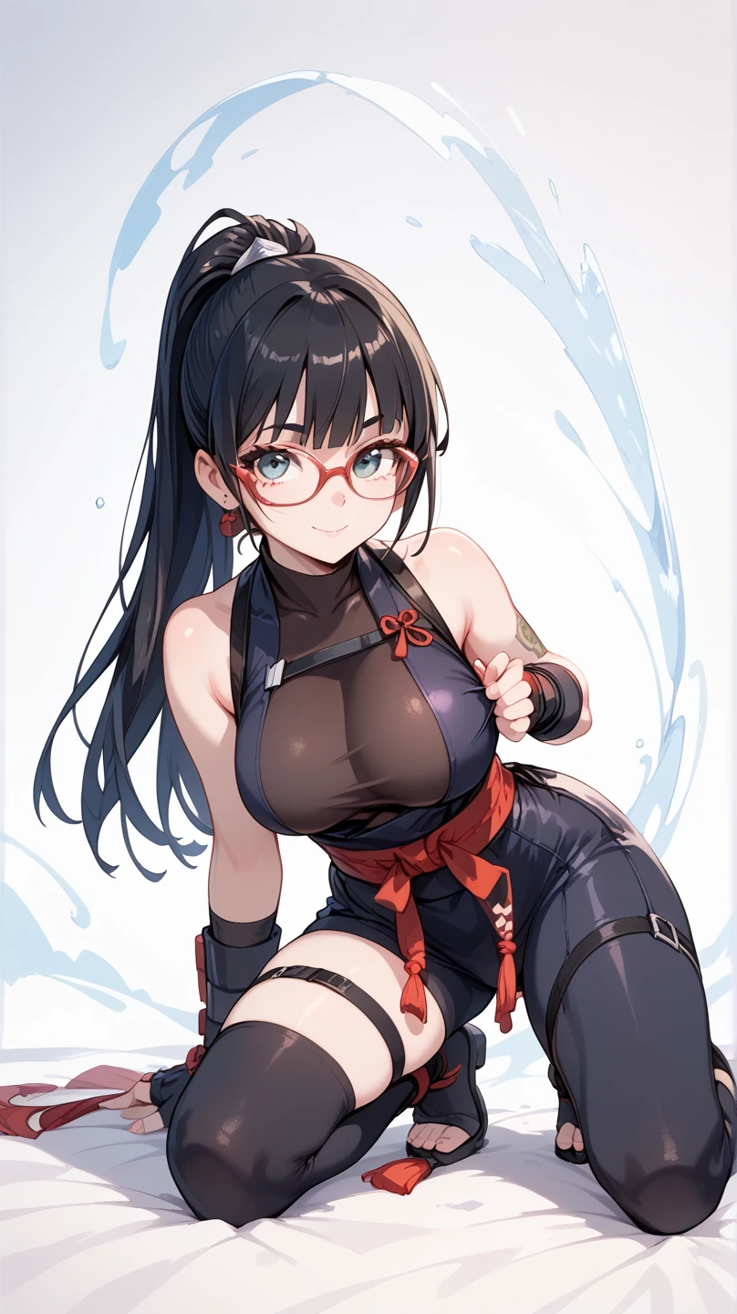 score_9, score_8_up, score_7_up, source_anime BREAK 1girl, solo, looking at viewer, cowboy shot, <lora:Yu_Mei-Ren_Psdxl:1>, Yu_Mei-Ren_FirstAsc, red eyes, glasses, black-framed eyewear, brown hair, braided ponytail, very long hair, black dress, blue bodysuit, vertical-striped bodysuit, ribbon-trimmed dress, sleeveless dress, side-tie dress, layered dress, hip vent, breast strap, side slit, black ribbon, black gloves, elbow gloves, black choker, multiple earrings, outdoors, nature, forest, lake, sunlight, cloudy sky, large breasts, floating hair, leaning forward, seductive smile, hand to head,