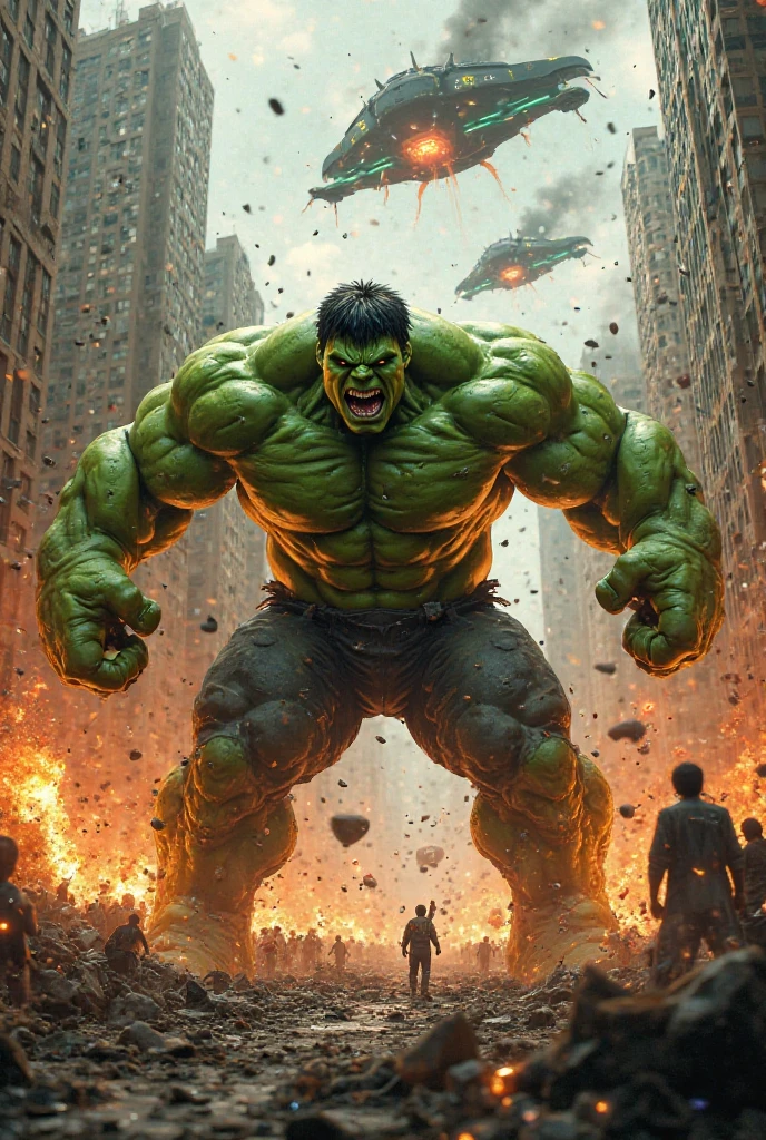  The Incredible Hulk in an intense fight against four horrifying monsters in a city under siege. He punches one monster, blood spraying, amidst falling buildings and fleeing civilians. The scene is chaotic and dynamic, with cinematic lighting, detailed destruction, 2K quality --v 6.0