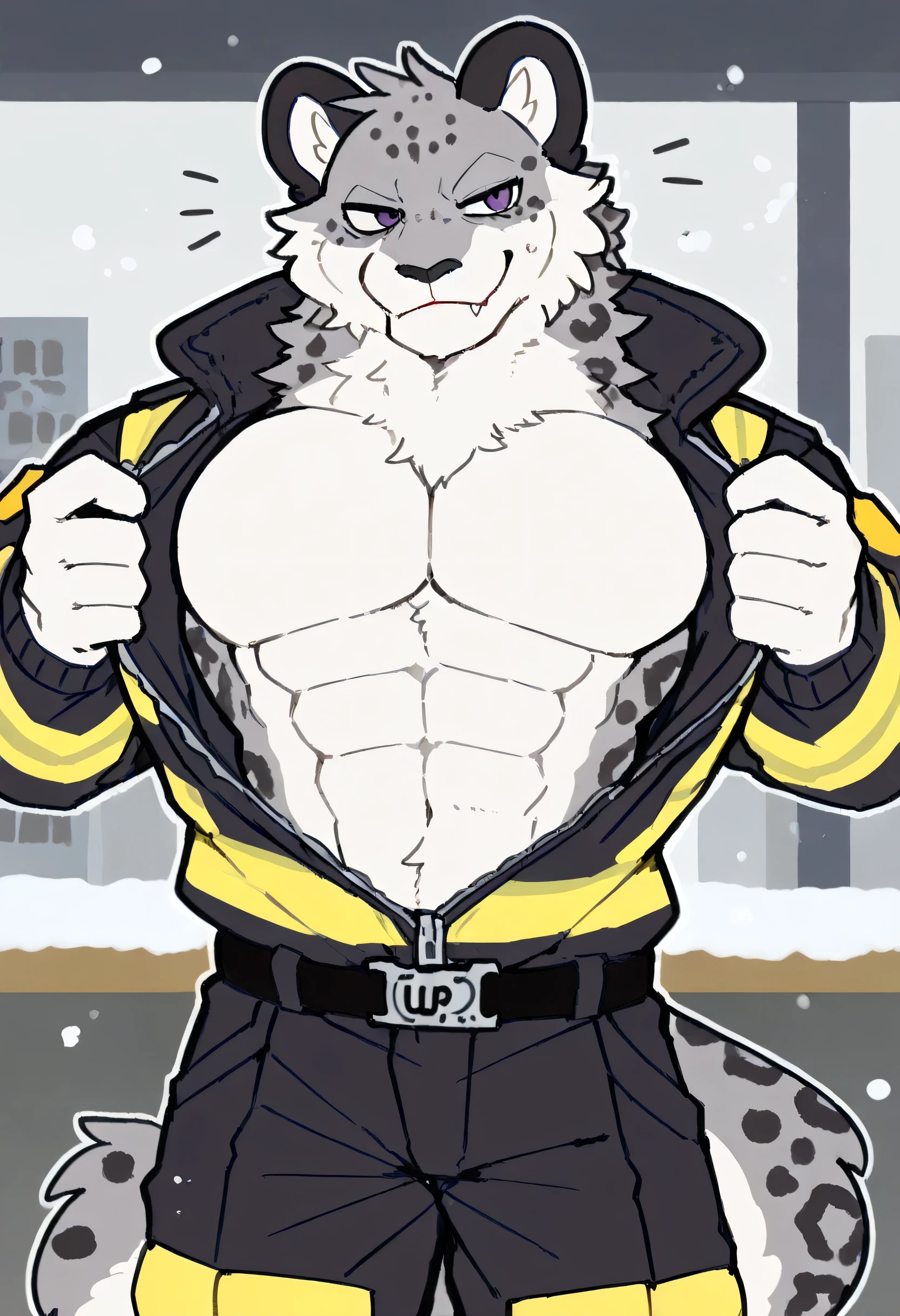 ((soft shading, 4k, hi res, detailed face, detailed, Best quality, masterpiece, perfect line art, perfect body, detailed , score_9_up, score_8_up, score_7_up, perfect shading)), by Hyaku, by Buta99, by K0BIT0WANI, solo, 1male, muscular body, Snow Leopard, Dev, dev_(i_think_i_like_you), grey furs, purple eyes, at the office, tail, firefighter windbreaker, firefighter pants, firefighter boots