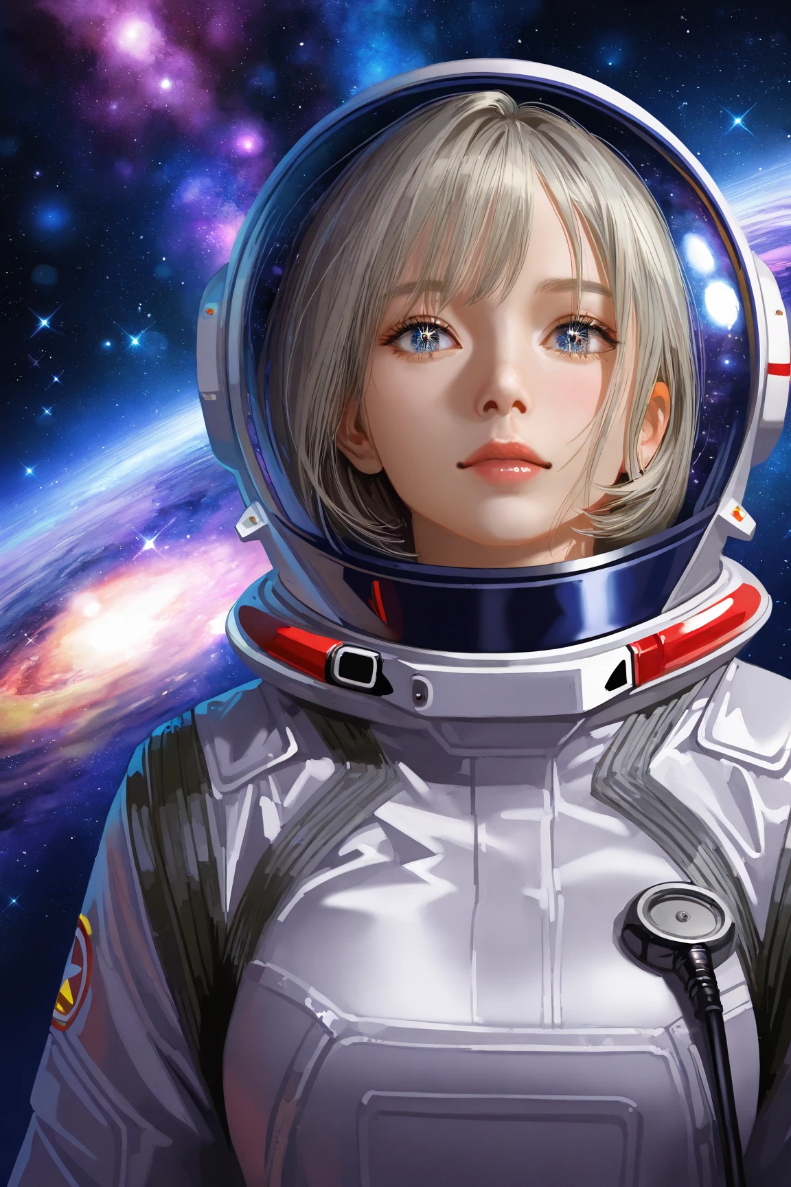 (Best quality:1.1), (Masterpiece:1.3), (absurderes:1.0), (Hyper-detailed:1.2), From the side Side,
1girll, Solo, Head tilt, (Astronaut:1.1), (space suit:1.2), Spacecraft, inside spacecraft, White hair, Blue eyes, Just look at the audience,
window, (Starry sky:1.3), earth, Universe,