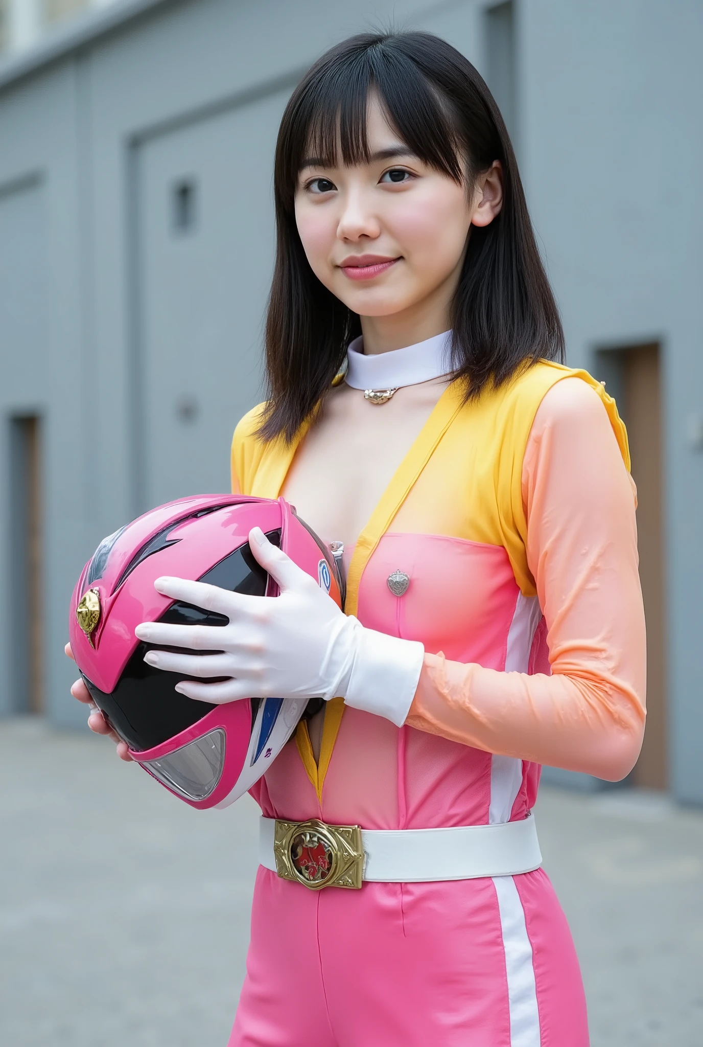 one girl,One person image、realistic, Sharp Focus , ultra realistic photo, high resolution, alone, full body photo, realistic ((Power Rangers pink)) costume. I have a tight bodysuit for combat, ((Power Rangers )). holding a helmet next to the body. beautiful young woman, young European women are holding helmets snuggly to their bodies、See-through Ear Covers. Black shoulder hair 、small breasts. standing from head to knee . Profile from the front . half Side pose. Back pose. Side pose. full body view. boots. (Power Rangers )、My chest opened up、the suit is see-through、The costume is transparent、