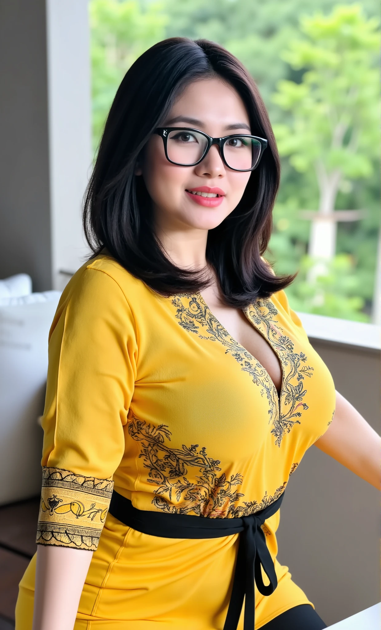 (Masterpiece: 1.2, Best Quality), Realistic, (Realistic Picture, Complex Details, Depth of Field), Best Quality, Masterpiece, Highly Detailed, Realistic, 1 mature, indonesian old wife, 55 Years Old, chest forward, big breasts, thin lips, beautiful and seductive, curvy body, perfect shape vagina, short hair, wearing hijab, wearing yellow kebaya, full body view, look at viewer, full photo, background balcony, black frame glasses, look at viewer, sexy model style pose, perfect fingers shape, perfect hands shape, nailarts,