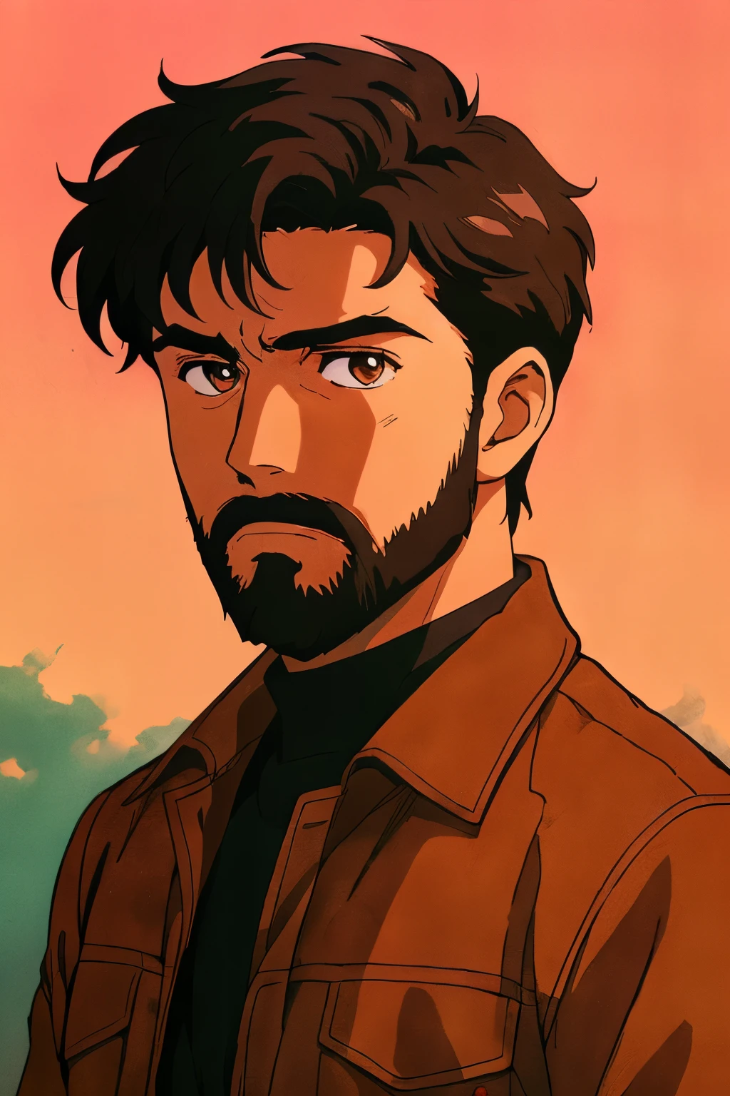 handsome anime man with short black wavy hair and well-groomed beard, wearing a brown coat and dark sweater, serious expression, dramatic lighting, cinematic shadows, soft glow, dark background, high detail, anime style, ultra quality
