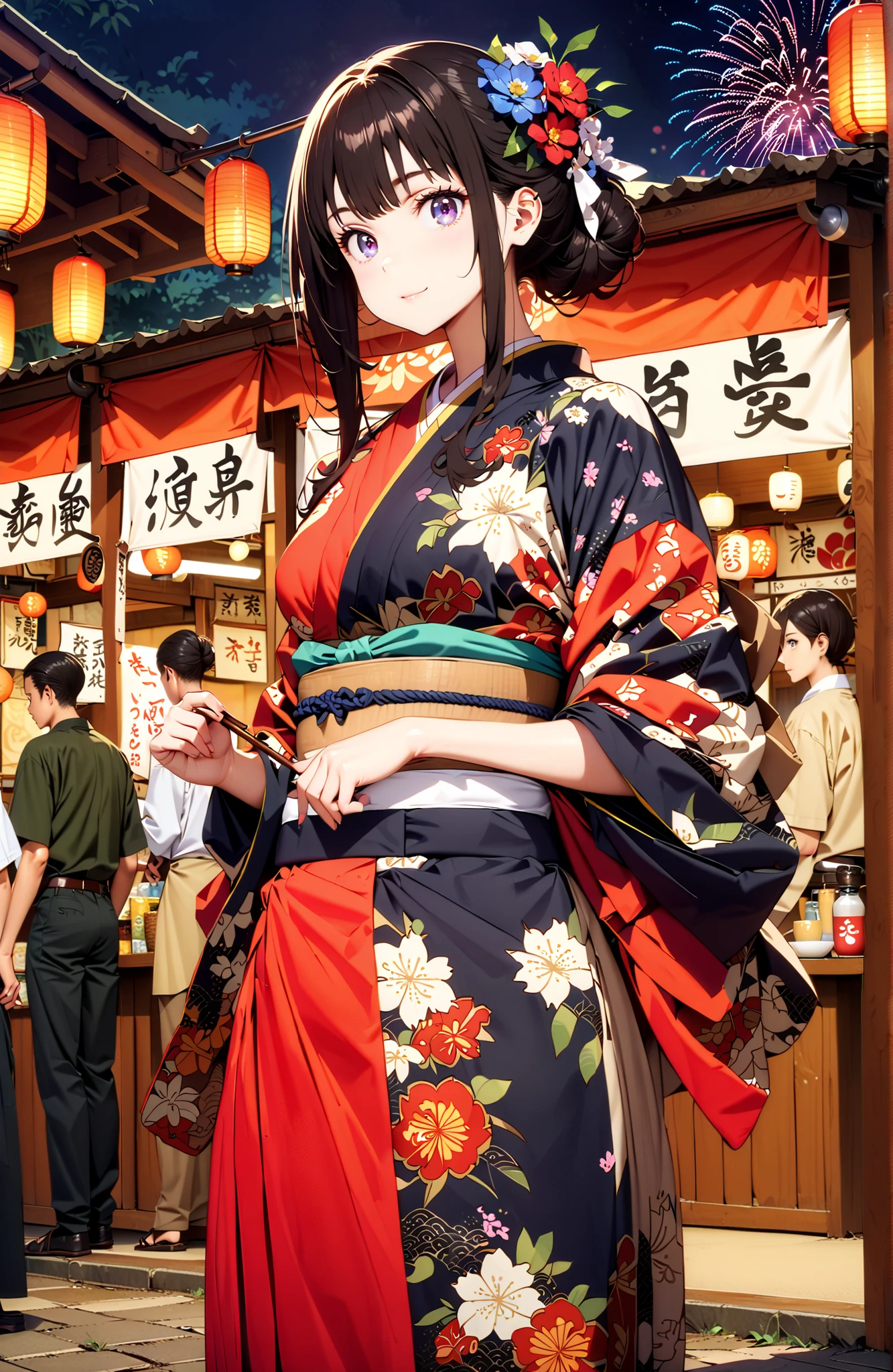 Takiuchikami, check it out, bungs, black hair with a young pattern, purple eyes,smile,cover,open your mouth,narrows her eyes,side lock,single bun hair,Medium breast,flower hair ornament,Blue flower pattern kimono,standing,Light up fireworks,Japanese stalls ,Red Lantern,night,full bodyがイラストに入るように,break outdoors, Japanese Festival,
break looking at viewer,full body,
break (masterpiece:1.2),Best Quality ,Kampala,unity 8k 壁紙,(shape:0.8),( fine and beautiful eyes :1.6),It's a person ,full body写真,CG Details , (perfect hand,complete anatomy),