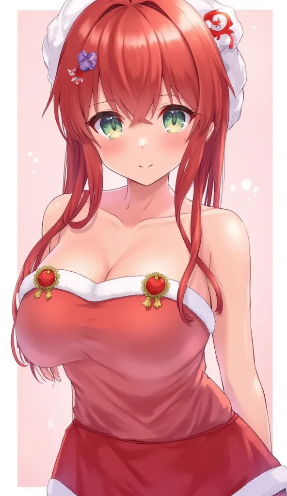 hight resolution, Nakano Nino,1girl in,Pink hair,Short hair,butterfly hair ornament,Voluptuous thighs, extra limb,extra digit,fewer digit, Breast Focus, Full body,Looking at Viewer,(Big breasts①),(((Big breasts②))),amusement park, snowing,(happy①),(((happy②))), heart shaped pupils,(santa costume①),(((santa costume②)))
