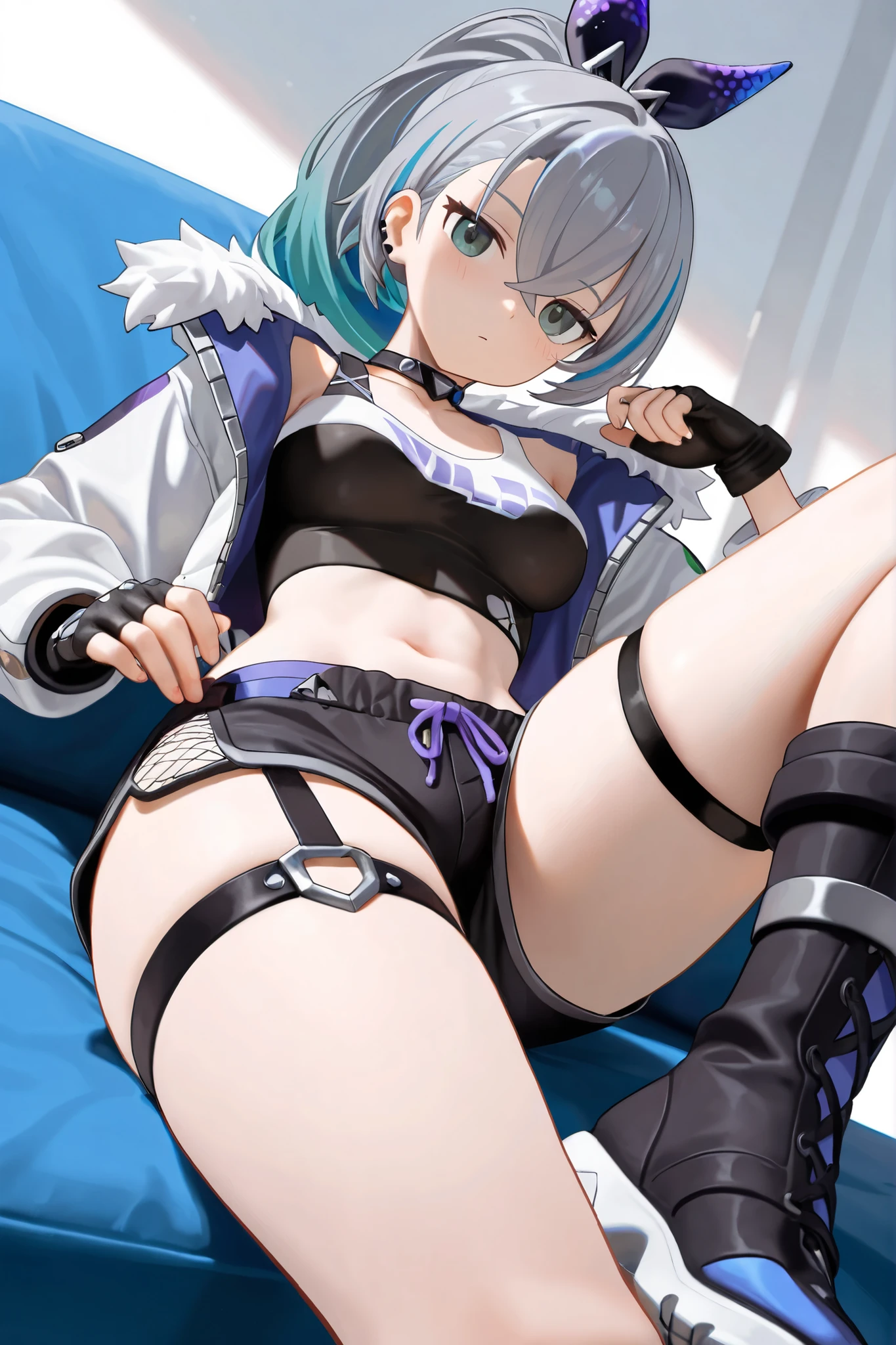 ((masterpiece)),((best quality)),(ultra-detailed),(an extremely delicate and beautiful),detailed background, (lying on back),from side,((((1woman,tall stature)))and(((1shota boy,short stature)))),((((hetero)))),(height difference),(((boxing ring))), (1woman),((((silver wolf/(Honkai:star rail/)))),(curvy:1.4),(large breasts), pale skin,shiny skin, long hair,ponytail ,drill hair,hair between eyes, eyewear on head, navel, midriff,((She wears jacket, black jacket, sunglasses, gloves, black gloves, fingerless gloves, shorts,black shorts, shirt, white shirt, choker, crop top, fur trim)),(rolling eyes:1.4),(ahegao),(trembling),((((vaginal,sex)))),(missionary position),clothing aside,intercourse with a shota boy, cum in pussy,(cum on clothes:1.4),cum on breasts,cum in mouth,cum on hair,excessive cum, ((((1shota boy)))),(petite),penis,dark-skinned shota boy,interracial,