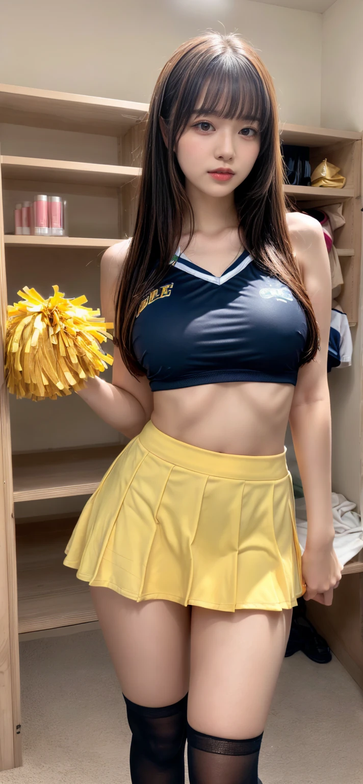 (best quality:1.2), masterpiece, ((anatomically correct proportions : 1.5)), ((perfect proportions)), 1 Japanese girl, (12-year-old, ultra cute kawaii:1.3), ((upper body)), solo, smile, standing, looking at viewer, (nup, cheerleader:1.2), (wearing Cheerleader's sleeveless shirt and pleated mini skirt) , ((focus on her armpits)), (((Sweaty armpits))), Armpit depression, ((((Dimpled Armpits)))), ((((Deeply wrinkled armpits))))