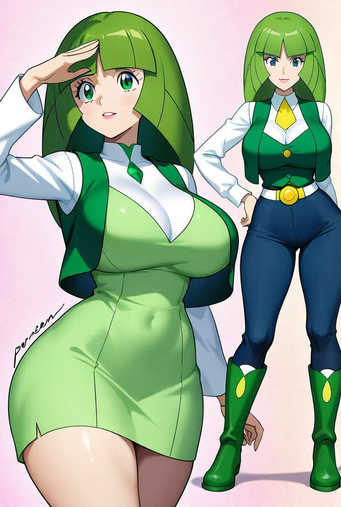 1 girl, super wide hips, super large butt, thicc, green skirt, white belt, purple boots, purple jacket, long green hair, green earrings, super large breasts, masterpiece, green eyes, dark green hair, highres, super large thighs, ass focus, thicc ass, super large hips, One Piece, angry smile, curvy