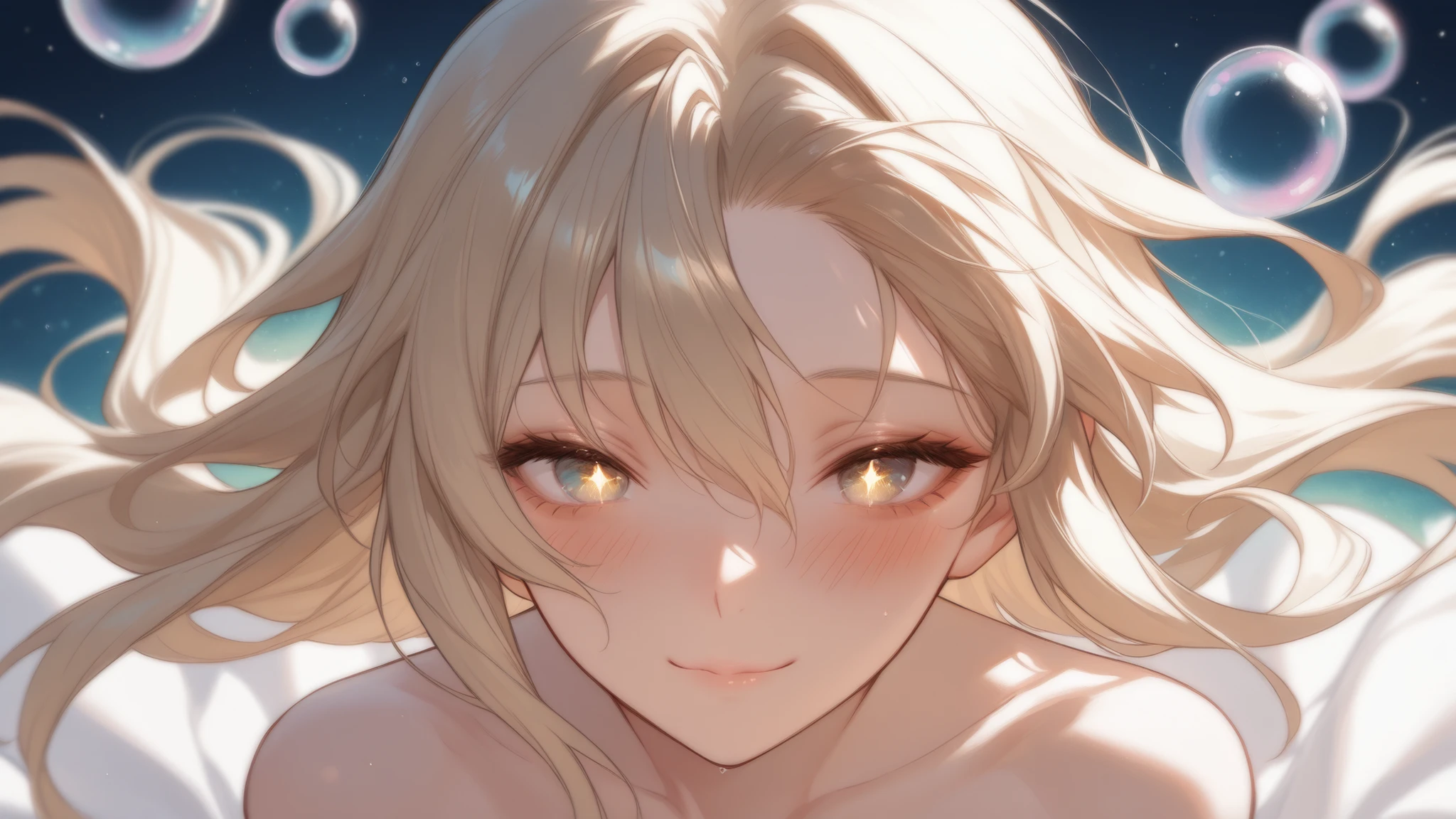 ((best quality)), ((masterpiece)), ((ultra-detailed)), (illustration), (fine lighting), (extremely delicate and beautiful), a girl, cute face, upper body, two legs, strapless long dress with perspective, (beautiful delicate eyes), stars in my eyes, floating hair, slight undergrowth hair, light golden star cloud decorating the hair, (many large light-colored bubbles), [pearls], [faint light blue and light golden aurora], depth of field, lashes light blue, pupils light golden. Tyndall light particle effect, faint blush.