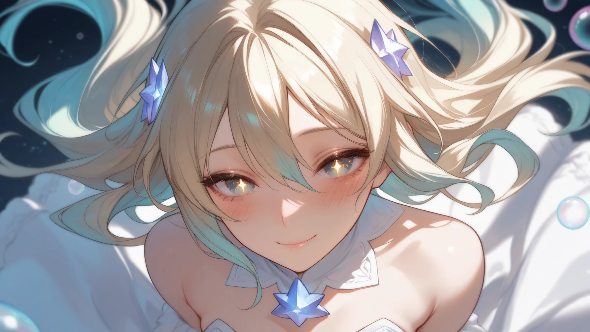 ((best quality)), ((masterpiece)), ((ultra-detailed)), (illustration), (fine lighting), (extremely delicate and beautiful), a girl, cute face, upper body, two legs, strapless long dress with perspective, (beautiful delicate eyes), stars in my eyes, floating hair, slight undergrowth hair, light golden star cloud decorating the hair, (many large light-colored bubbles), [pearls], [faint light blue and light golden aurora], depth of field, lashes light blue, pupils light golden. Tyndall light particle effect, faint blush.