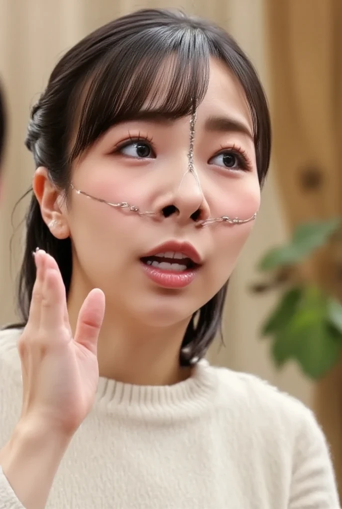 Beautiful Japanese actresses,girl,flying debris,Award-winning photo,Very detailed,Face Focus,Big double eyes,(Woman with open mouth and closed eyes ),18-year-old,(punk,Short Bob,Wolf Cut,Shaggy),Shiny skin,(((Face close-up))),Realistic nostrils,Long and narrow nasal cavity,Shine a light on your nostrils,Spotlight on your nostrils,Spotlight on nose hair,Squat,((Random color open cardigan)),Big Breasts,(Sharp Nose),Frowning,performance:1.4,performance,Frowning,please raise your head,Skin shiny with sweat,Oily facial skin,Squatting and giving a blowjob,female teacher,Squatting in the hallway,Squat,50 degree hot room,Skin shiny with sweat,Wet transparent fabric,Sweaty all over my face,A face enduring intense pain,Screaming face,Open your mouth wide and shout,White teeth,Soft lips,Soft bottom,Wet lips,classroom,Girl sitting on chair,(Colored Contact Lenses)