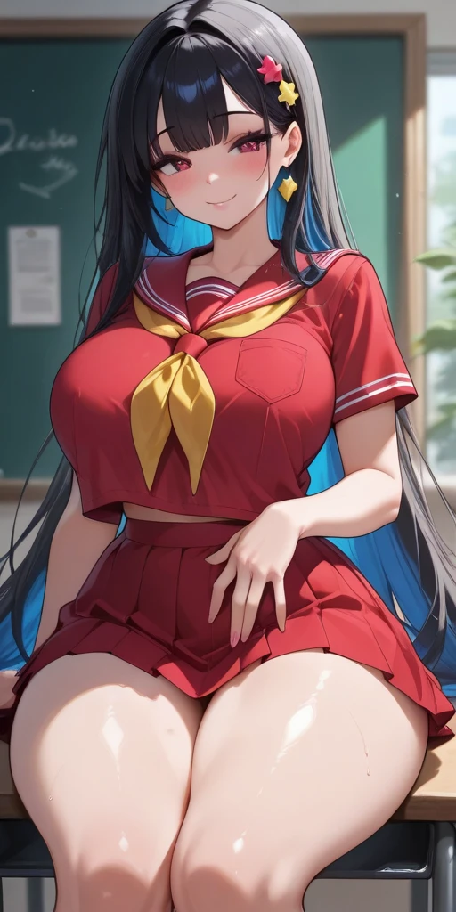 巨作, highly best quality, High_resolution, Fine details, an extremely detailed and beautiful, Distinct_image, 1个女孩, , dark haired,blue eye, (gigant breasts), (titts),Curve,Full body,、Student uniforms、Thigh Socks、