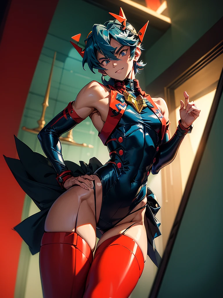 Imagine a gender-swapped Izuku Midoriya (Deku) from *My Hero Academia* reimagined as Harley Quinn. Her signature green hair is styled in playful pigtails, each dyed in alternating red and black to match Harley Quinn's iconic color scheme. Her bright green eyes are mischievous and lively, capturing Harley Quinn's chaotic and energetic spirit.
She is dressed in a Harley Quinn-inspired outfit:
- **Top:** A red and black, diamond-patterned cropped top or bodysuit. The top is form-fitting, reflecting Harley Quinn’s classic jester look, with contrasting colors and possibly a playful emblem or detail like white ruffles or frills.
- **Bottoms:** Matching high-waisted shorts or a mini skirt in red and black, designed to be bold and eye-catching. The outfit might include playful elements like suspenders or a belt with oversized buckles.
- **Footwear:** Eye-catching knee-high boots or high-top sneakers with red and black accents. The footwear features details like studs or laces to enhance the edgy vibe of the outfit.
- **Accessories:** She wears mismatched, oversized gloves—one red and one black—adorned with playful details. A small, dramatic accessory like a jester’s hat or a choker adds to the Harley Quinn theme. She might also hold a prop such as a bat or a quirky handbag.
Sanji’s pose is energetic and playful, perhaps captured mid-twirl or with a cheeky stance, showcasing her vibrant outfit and dynamic presence. Her expression is bright and mischievous, with a wide smile that mirrors Harley Quinn’s unpredictable and charismatic nature.
The background could be a lively and chaotic setting, such as a carnival or urban alleyway, enhancing the playful and rebellious atmosphere. The image should highlight her transformation into Harley Quinn with detailed attention to her costume and accessories, ensuring a vibrant and captivating representation of female Deku as Harley Quinn.