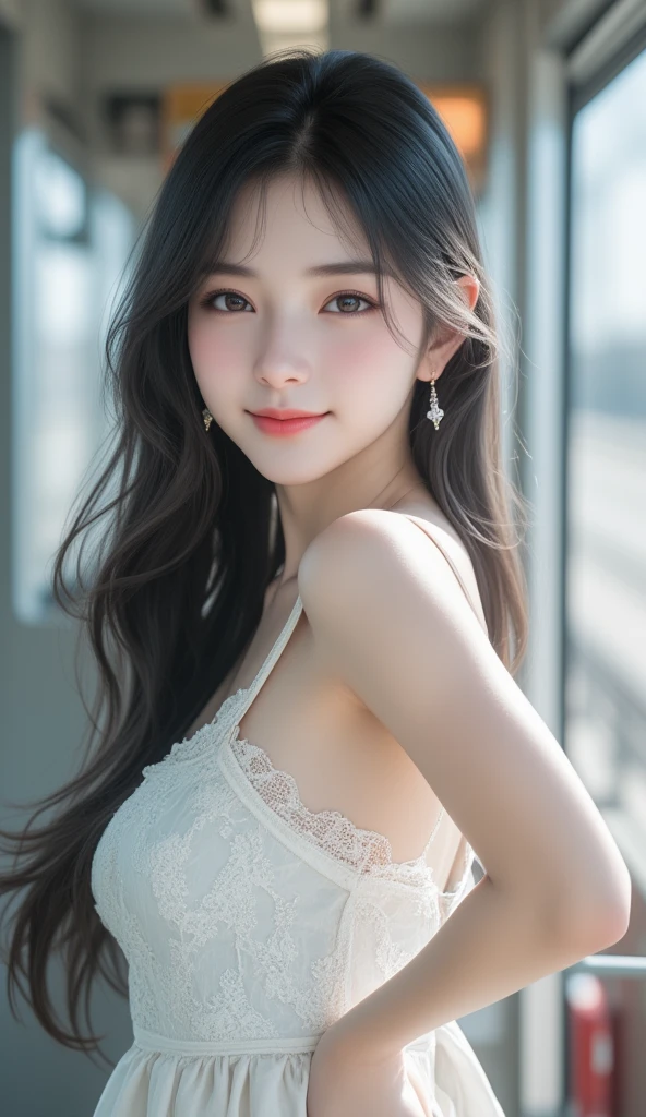 Sweet girl dress2,dress, red lips,mature female,makeup, ((cowboy shot)), a beautiful girl, a young female model, random pose, elegant pose, visually appealing, masterpiece, (best quality, 4k, 8k, highres, masterpiece:1.2), ultra-detailed, ultra-fine painting, exquisite face, slender figure, smiling, radiant smile, Random scene, random pose, random shooting Angle
