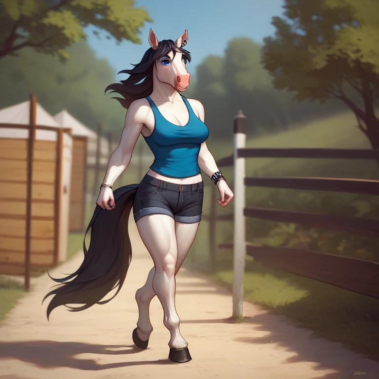 1.Centaur girl,Four legs,Slender horses are the body,Light blue hair,The body is covered with white les,Light blue ponytail