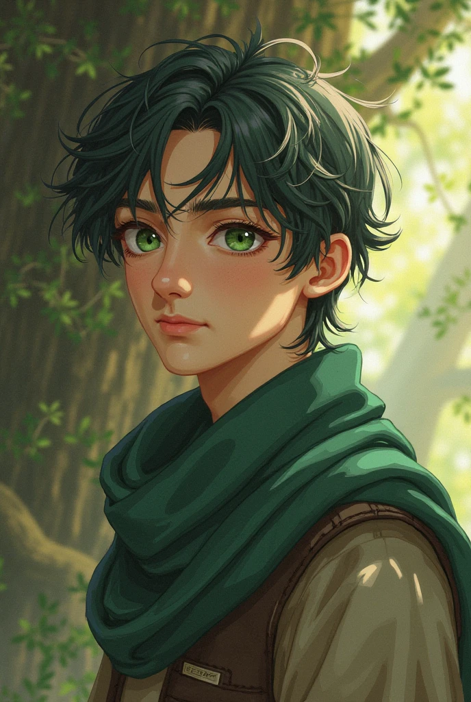Generate an image of a young boy with dark emerald eyes that sparkle with determination. his hair should be a unique shade of dark green, reminiscent of green tea or dark turquoise, with subtle, natural curls cascading down to shoulder length. He should have a slender and elegant build, and his face should feature freckles that add a touch of charm. He should exude a sense of quiet confidence and inner strength.