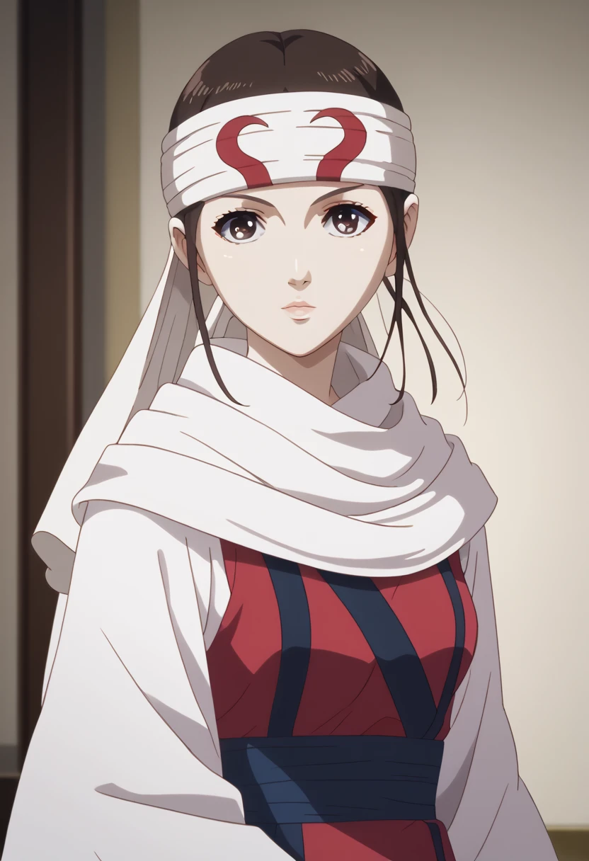 #Anime (masterpiece,best,quality:1.2),1girl,solo elegant body posture extremely beautiful anime art work score_9, score_8_superior, score_7_ headband detailed face detailed facial , toon (style) #Character Design w3rewolf (cowboy shot) megumi katou, brown hair, brown eyes, medium breasts,