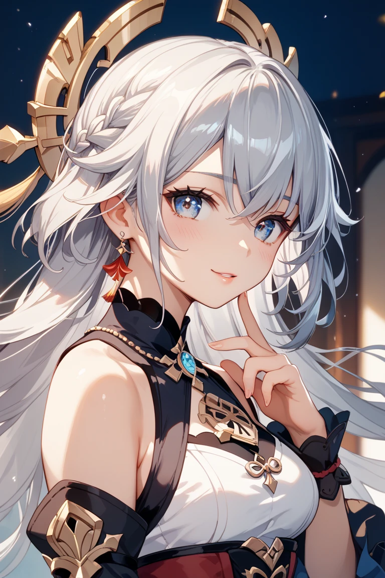 masterpiece, best quality, finely detailed, high resolution, maximalist, a chubby beauty of 20 years old, adorned with strong pink makeup, donning a captivating white and red long-sleeved, closed qipao. Her mesmerizing silver-blue eyes, beautifully detailed with intricate highlights, gaze seductively at the viewer, while her plump, sensual lips, perfection itself, are curved into an evil smile. Her hair, cascading down in a long, shimmering silver waterfall, is tied into a high ponytail, with delicate, transparent veil strands intertwined, exuding charm and seduction. This stunning