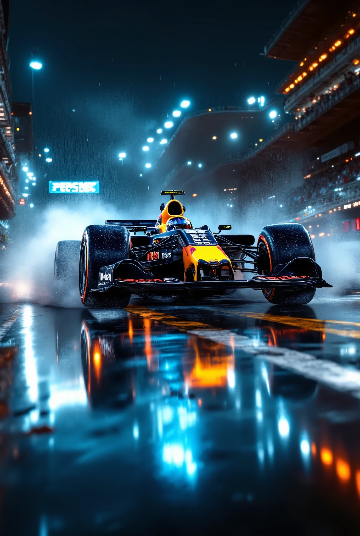 {{A ((high-energy)) depiction of {((an F1 car speeding through a rain-soaked track, water spraying from the tires))}} with {((intense motion blur and reflections on the wet asphalt))}. This is a {((hyper-realistic digital painting))}-inspired image that showcases {((the power and precision of Formula 1 racing under extreme weather conditions))}. The environment/background should be {((a grand prix circuit with blurred grandstands and flashing lights))} to create an {((adrenaline-fueled and cinematic atmosphere))}. The image should be in the style of a {((dynamic sports photograph))}, incorporating elements of {((automotive photography legends like Darren Heath and motorsport cinematography))}. The {((low-angle close-up))} shot, captured with a {((135mm medium telephoto))} lens, will provide a {((dramatic perspective focusing on speed and motion))}. The lighting should be {((moody and high-contrast))}, emphasizing {((rain reflections, glowing brake discs, and the car's aerodynamic curves))}. The desired level of detail is {((ultra-high definition))} with a {((8K resolution))}, highlighting {((intricate sponsor logos, carbon fiber textures, and rain droplets suspended in motion))}. The goal is to create a {((visually striking))} image that captivates viewers with its {((sense of speed and raw competition))}.