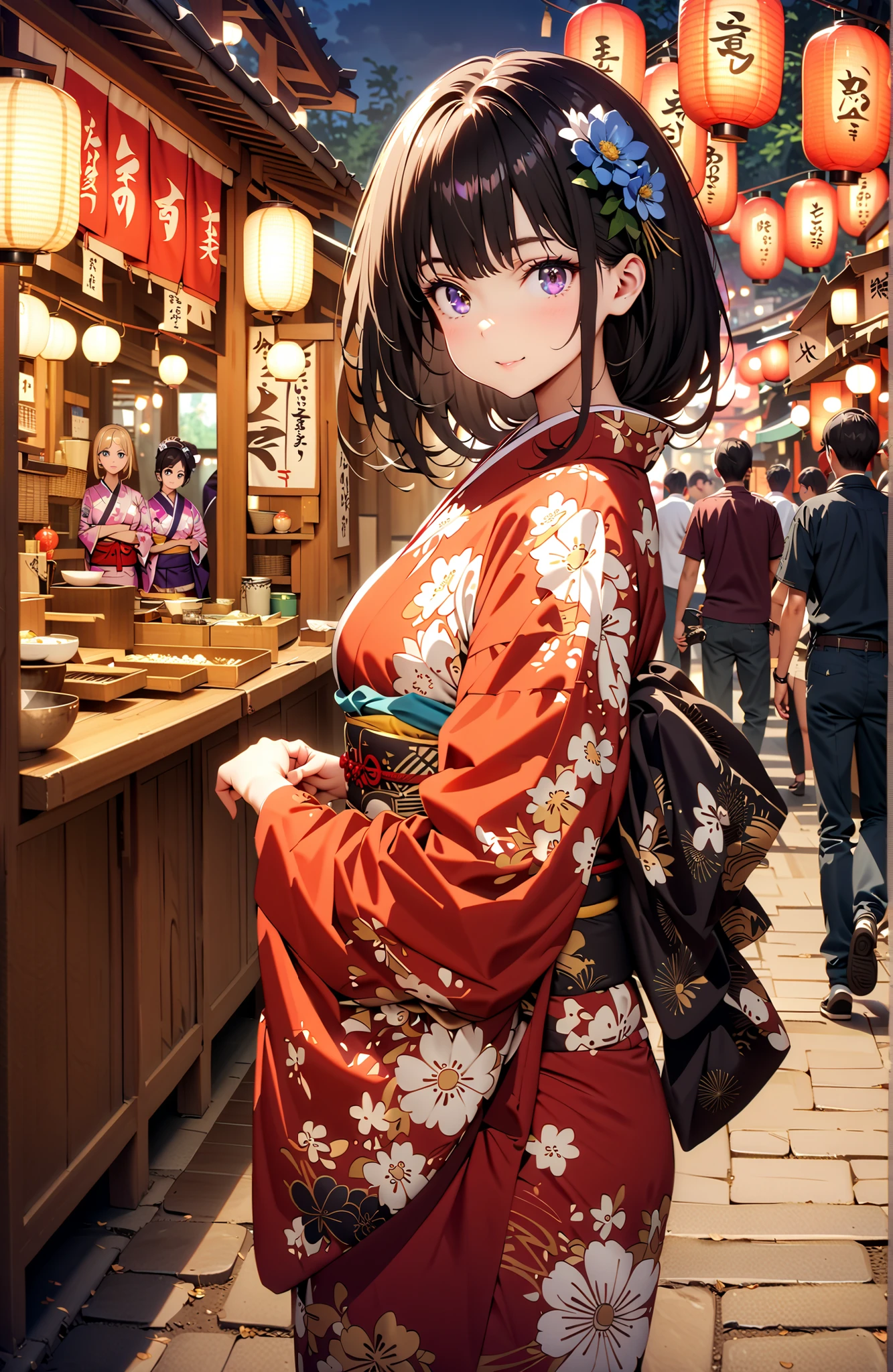 Takiuchikami, check it out, bungs, black hair with a young pattern, purple eyes,smile,cover,open your mouth,narrows her eyes,Medium breast,flower hair ornament,Blue flower pattern kimono,standing,Light up fireworks,Japanese stalls ,Red Lantern,night,full bodyがイラストに入るように,break outdoors, Japanese Festival,
break looking at viewer,full body,
break (masterpiece:1.2),Best Quality ,Kampala,unity 8k 壁紙,(shape:0.8),( fine and beautiful eyes :1.6),It's a person ,full body写真,CG Details , (perfect hand,complete anatomy),