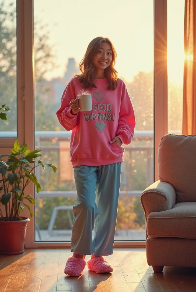 woman, 20 years old, ginger, wearing a pink colegial Sweatshirt, sweatpants, Sofa, light smile, holding a book, ponytail hair, glasses, warm light lampshade, night