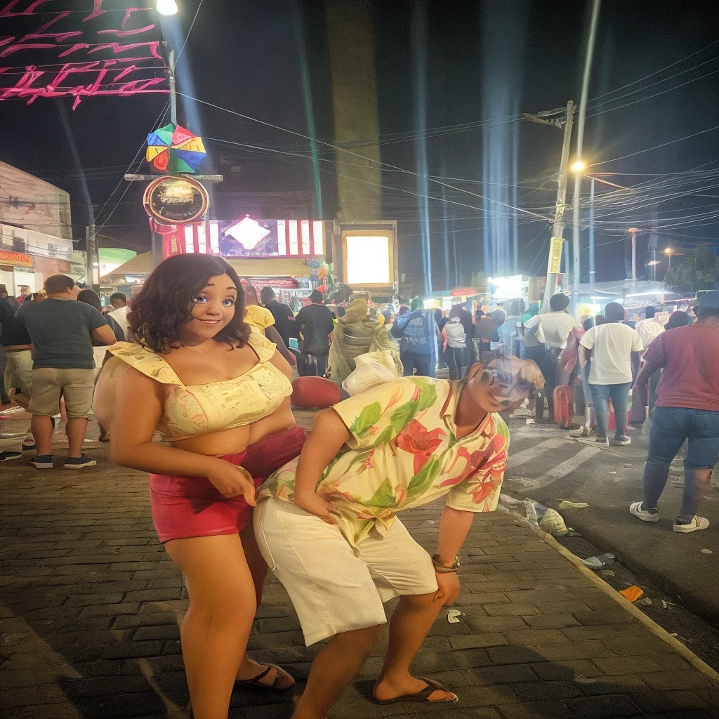 Chubby fat bbw nerdy latina young woman (20 years old), chubby belly, long straight black hair, wearing sexy black dress, Golden necklace, walking on all fours on the beach, at night,with several tall men, 4 men, in nigth club, dark lights, smiley expression,view from the side