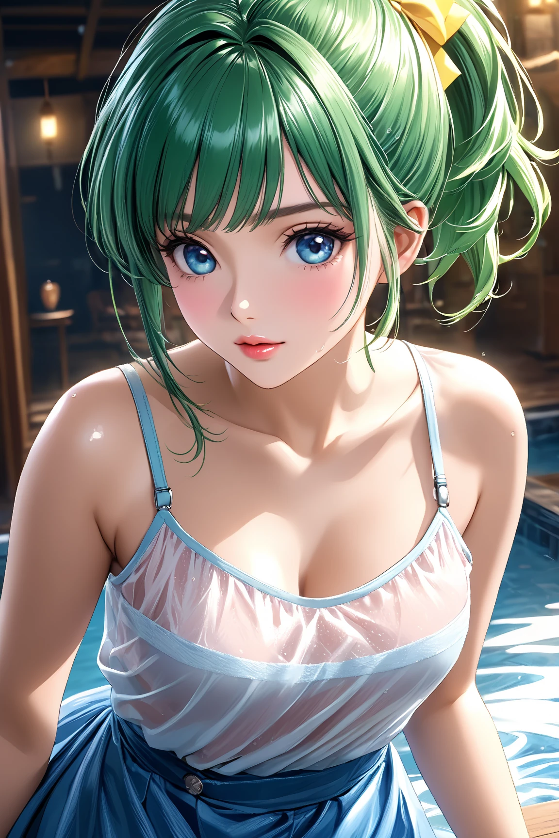(Masterpiece, BestQuality:1.3), (ultra detailed:1.2), (hyperrealistic:1.3), (RAW photo:1.2), High detail RAW color photo, professional photograph, (Photorealistic:1.4), (realistic:1.4), (Pink Hair:1.5), professional lighting, perfect anatomy, (Big Breasts:1.2), (blush, detailed face), (A happy smile:1.7), Trending Hair&Trending Hairカラーをランダムに, earrings, necklace, bracelet, sexly, erotic sexly, Random sexy gravure poses, (A beautiful woman in a green bikini、Smiling seductively while surrounded by bubbles in the jacuzzi。With long hair、Sit with your back arched、A sexy pose where she winks while gently pulling on her bikini strings with her hands。:1.3)