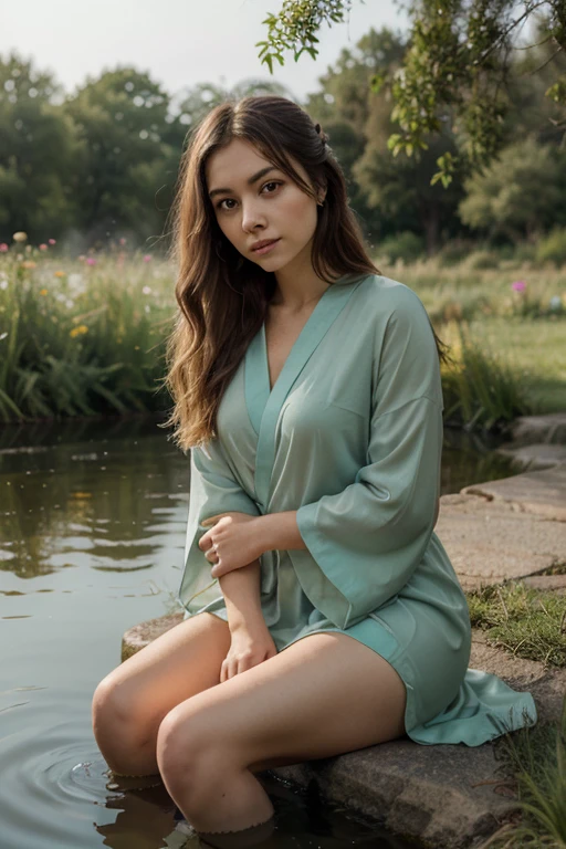 Isabella is a vision of timeless beauty, radiating an aura of elegance. Her captivating green eyes, framed by long, dark lashes, are reminiscent of lush, emerald forests, sparkling with a vivacious and intelligent light. They are the kind of eyes that draw people in, with a touch of naughtiness. Her hair is a rich chestnut brown, cascading in soft waves down to her mid-back. Isabella's face is a harmonious blend of delicate features and striking beauty. Isabella is in a tranquil setting, sitting on a bench by the Serpentine Lake or amidst a field of blooming flowers. She’s wearing a soft, dress and a light cardigan, looking relaxed and content as she enjoys a book or simply takes in the natural beauty around her. A few ducks or swans might be visible in the water, and the greenery and flowers create a peaceful, picturesque scene. The soft afternoon light filters through the trees, casting a warm glow and highlighting the serene contrast to the hustle and bustle of the city.