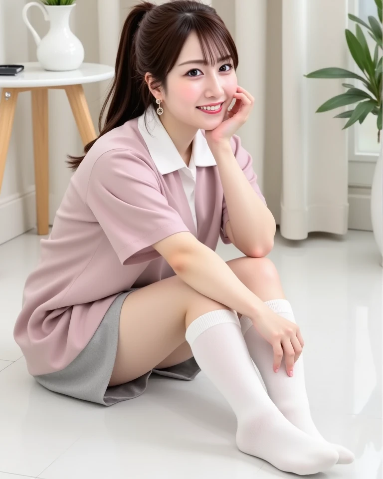 (Looking directly at viewer:1.3),(smile at viewer:1.3),(stare at viewer:1.3),(Big eyes:1.3),(double eyelies:1.3),(long eyelashes:1.3),(Extremely beautiful face, Beautiful lips, Beautiful eyes),(big smile:1.3),(happy smile:1.3),(sexy panties:1.3),(realistic silk panties:1.3),(white panties:1.2),32K,pink checked skirt, Japanese school uniform, brown loafers, loose socks,(beautiful teeth:1.1), masterpiece, Raw photo, Best Quality, Photorealistic, Highly detailed CG Unity 32K wallpaper, intricate detailed face, ((Ultra detailed skin)) Super Idol, Clear eyes, thick thighs, drooping eyes