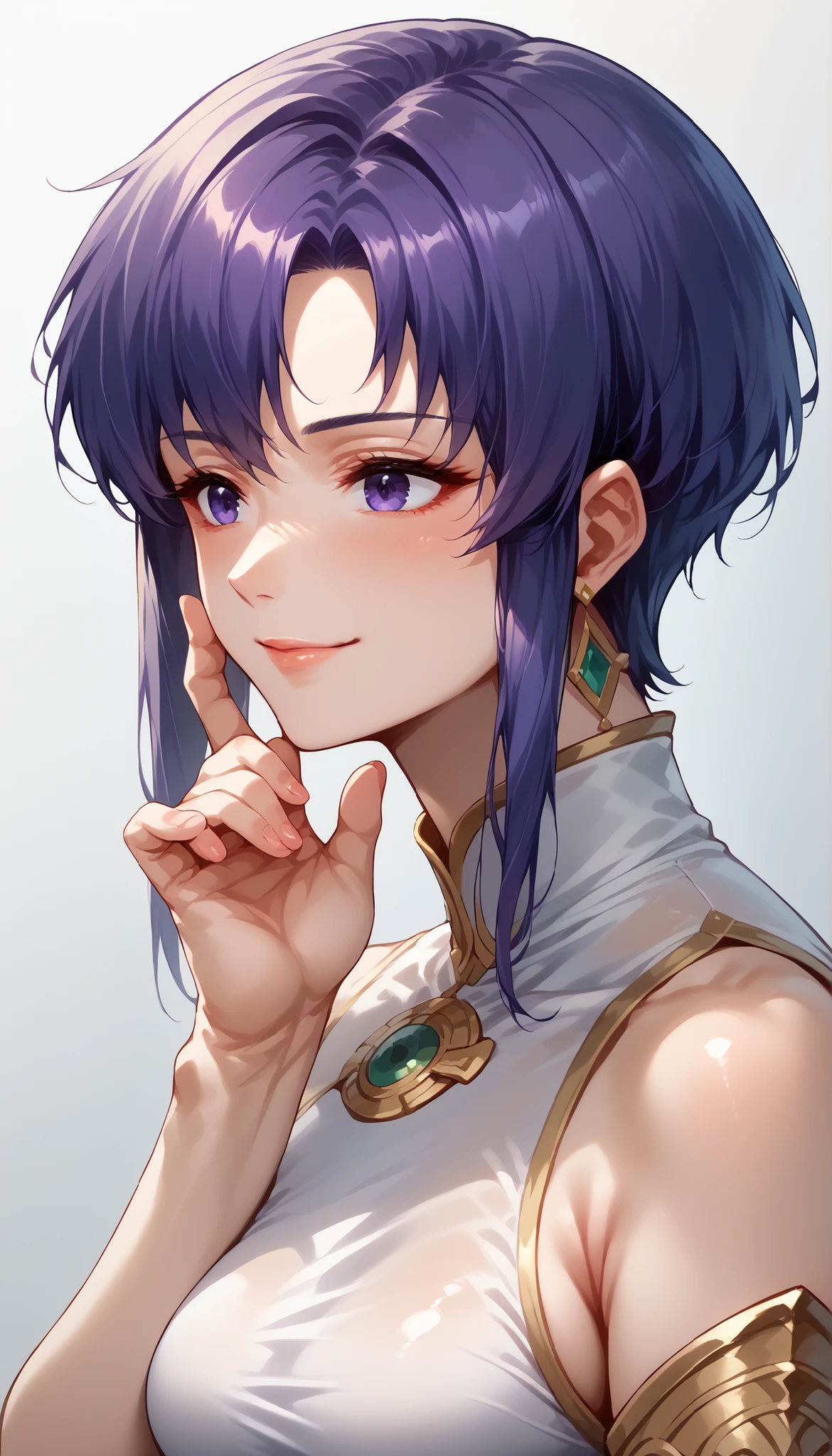 1 Female, simple background, white dress, dress with frills, shoulder out, See-through Ear Covers, Elbow pads, Pat yourself on the cheek with your finger, Ursula (Fire Emblem), short hair, violet hair, upper body, medium breasts, kind smile, closed his mouth, Ursula,