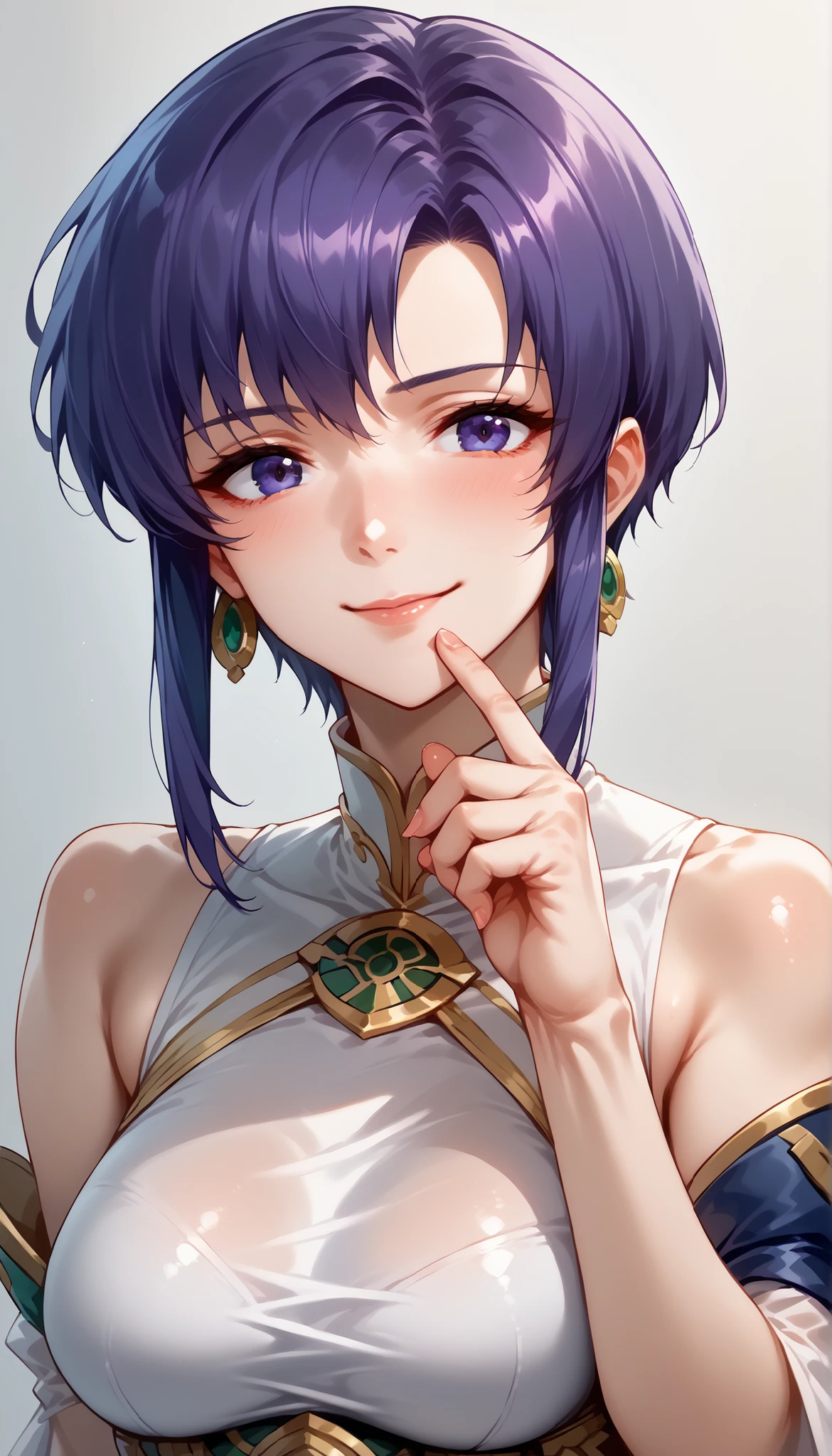 1 Female, simple background, white dress, dress with frills, shoulder out, See-through Ear Covers, Elbow pads, Pat yourself on the cheek with your finger, Ursula (Fire Emblem), short hair, violet hair, upper body, medium breasts, kind smile, closed his mouth, Ursula,