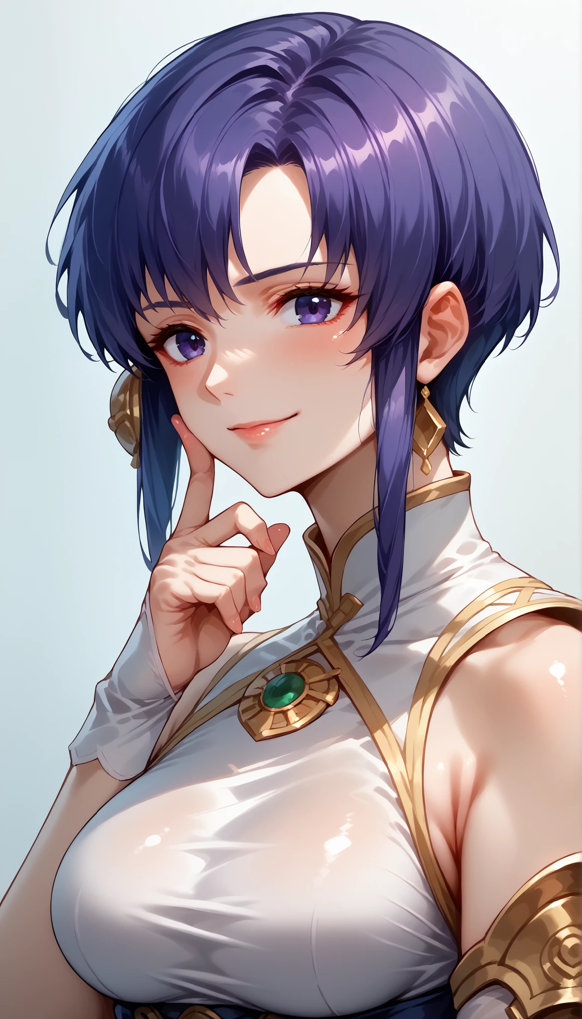1 Female, simple background, white dress, dress with frills, shoulder out, See-through Ear Covers, Elbow pads, Pat yourself on the cheek with your finger, Ursula (Fire Emblem), short hair, violet hair, upper body, medium breasts, kind smile, closed his mouth, Ursula,