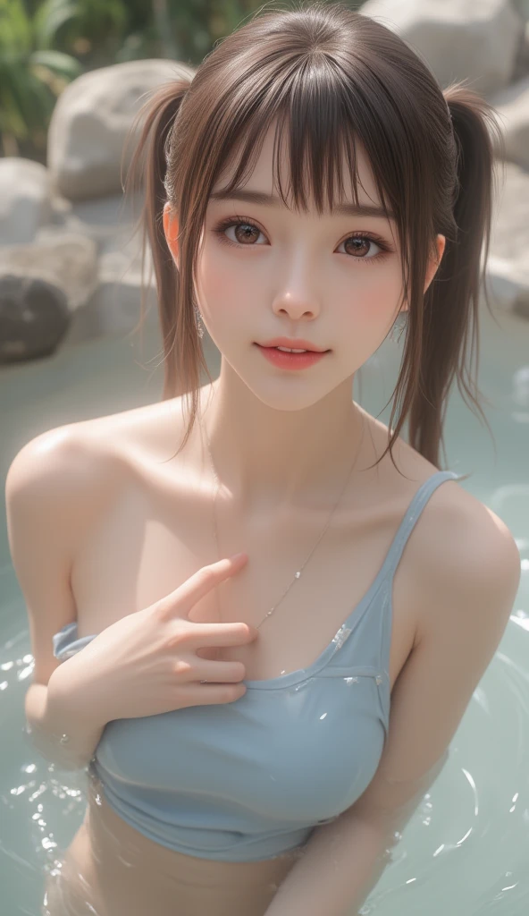 a beautiful anime girl in a short pink bikini, blushing, detailed face, detailed eyes, detailed skin, detailed hair, detailed figure, beautiful detailed body, beautiful detailed breasts, realistic, photorealistic, masterpiece, 8k, ultra-detailed, highly detailed, intricate details, hyper realistic, vibrant colors, glowing skin, soft lighting, detailed background
