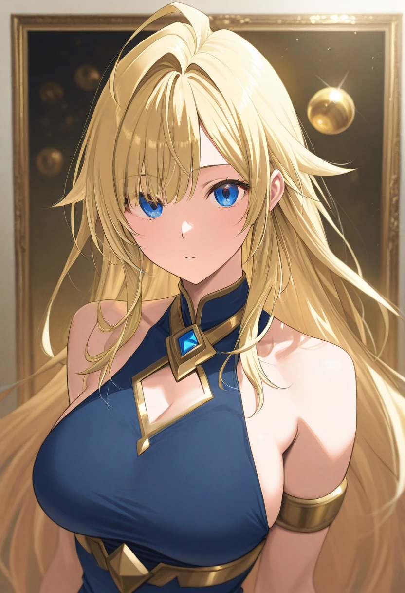 Tall Mature Women With Long blonde curly hair and Dark Blue Eyes , With Long black Eyelashes , Wearing Half sleeve Blue dress with slit open on sides , Full portrait, huge chest with cleavage , Hyper detailed eyes , hugh resolution, High quality, 4kHd , Masterpiece, Sharp Eyes , Long slender legs with blue heel sandles, Calm and regal Expression