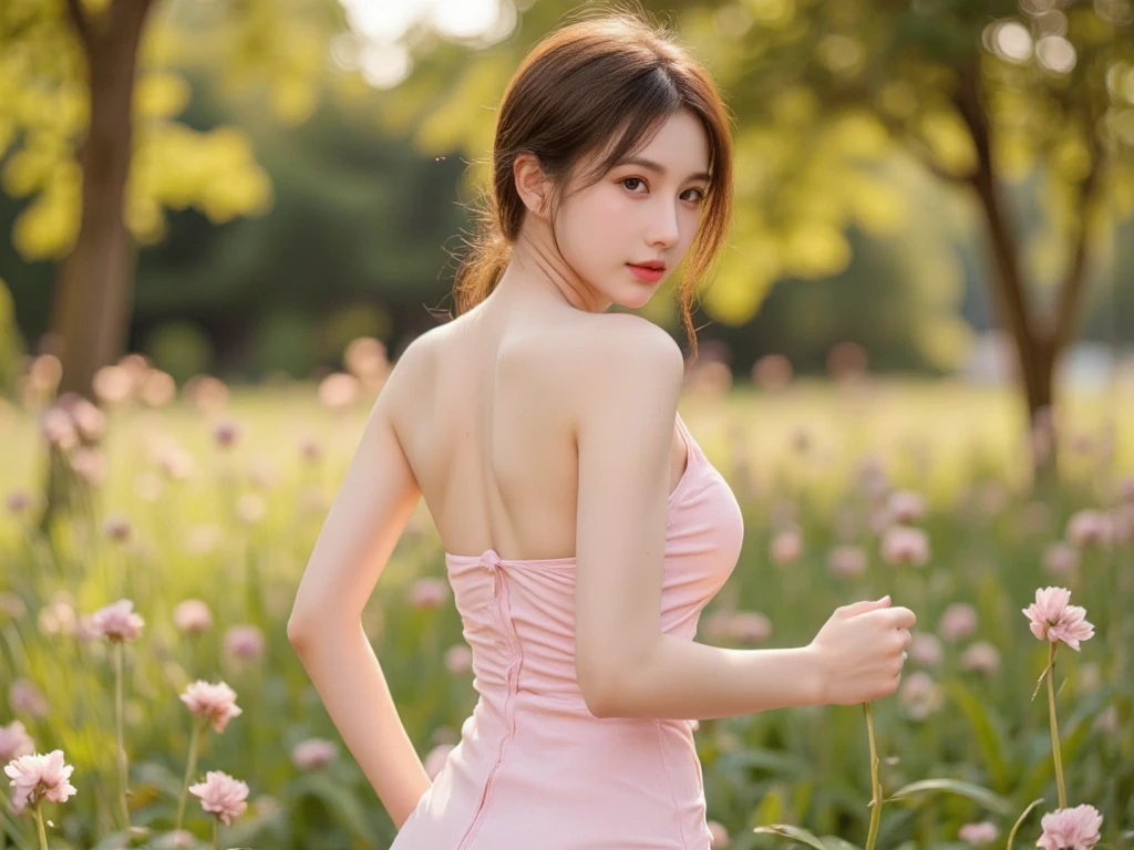 lady 1people,（full body figure:1.2),（nine heads and bodies:2.0）, small butt,(thin thighs),（long and thin legs: 2.0）,（Knees Stretch：2.0）,stand with legs closed,（height 2/3 is the leg:2.0）, (light cherry color pumps:1.2), （Tight casual dress made of light cherry color silk :1.3),  light cherry color choker,Transparent white glossy skin, 25 years old, cute sexy little face, red lips, parted lips, sexy face, sexy young woman, light brown straight hair, Asian eyes, Beautiful smile, Medium chest, slender body shape, tight waist,  beautiful hands, thin shoulders, look at the audience,  standing position, bamboo forest morning