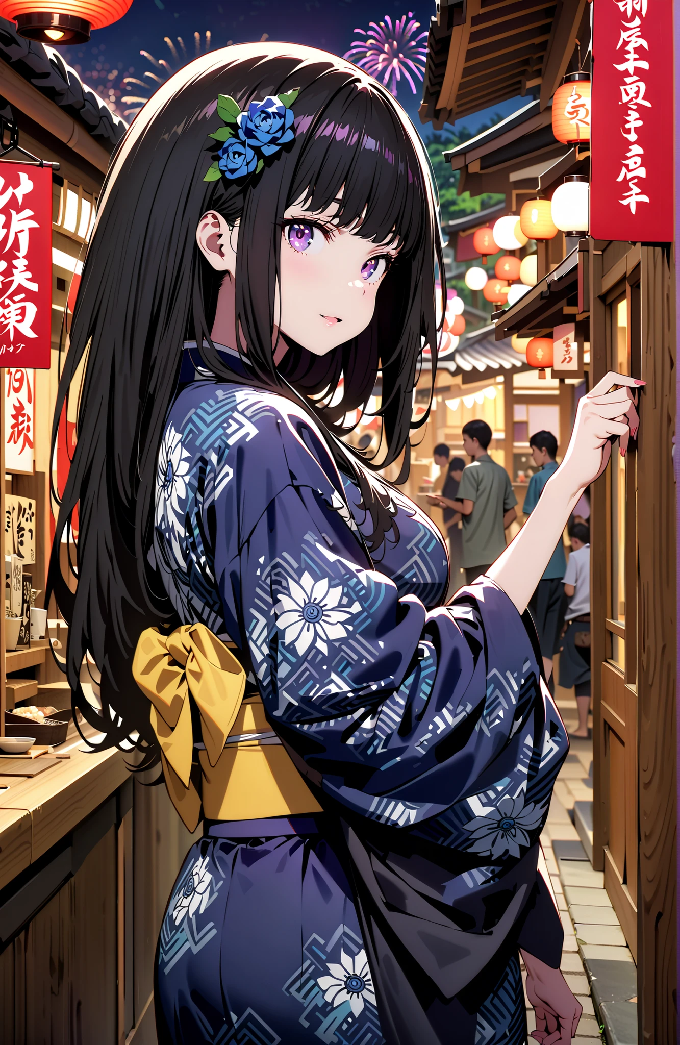 Takiuchikami, check it out, bungs, black hair with a young pattern, purple eyes,long hair,smile,cover,open your mouth,narrows her eyes,Medium breast,flower hair ornament,Blue flower pattern kimono,standing,Light up fireworks,Japanese stalls ,Red Lantern,night,full bodyがイラストに入るように,break outdoors, Japanese Festival,
break looking at viewer,full body,
break (masterpiece:1.2),Best Quality ,Kampala,unity 8k 壁紙,(shape:0.8),( fine and beautiful eyes :1.6),It's a person ,full body写真,CG Details , (perfect hand,complete anatomy),