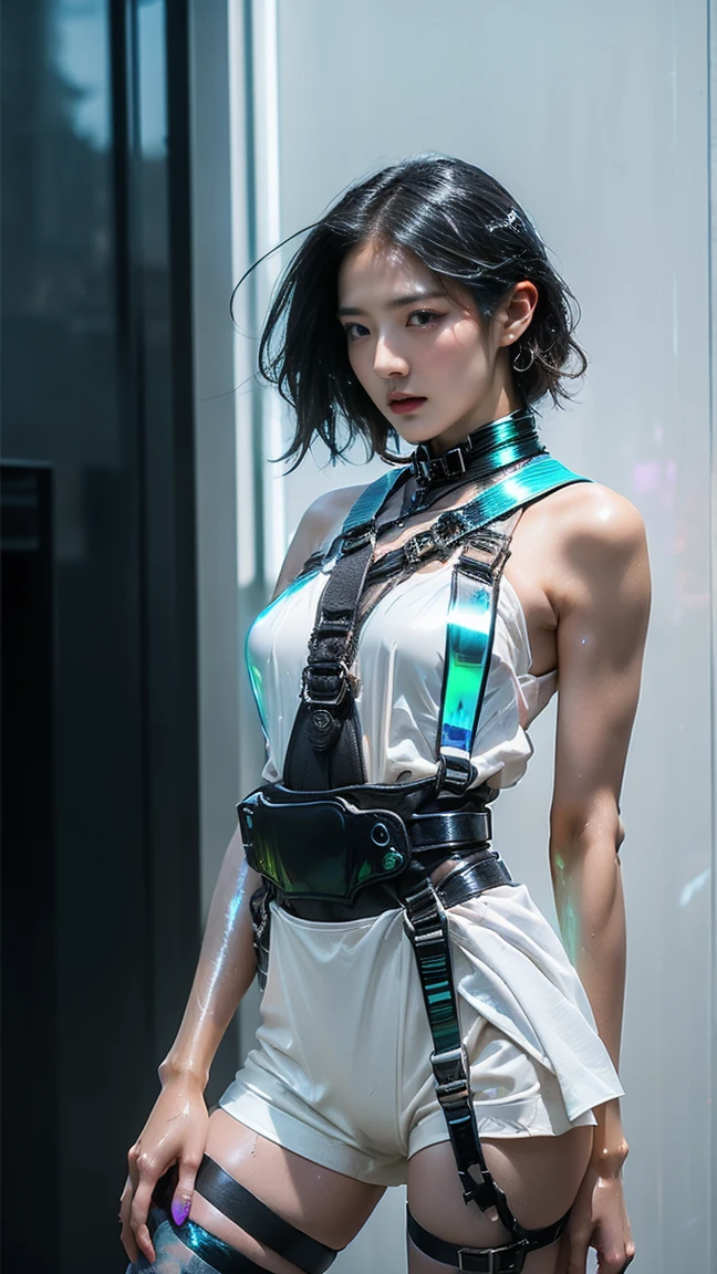 (Fight against mechanical robot soldiers)、top-quality、masterpiece、超A high resolution、(Futuristic machine gun、Knivesを持つ),(Wearing futuristic glasses)、(Photorealsitic:1.4)、Raw photo、女の子1人、Black hair、glowy skin、((1 Mechanical Girl))、((super realistic details))、portlate、(Small LED lamp)、Wire tubes that glow all over the body、(With state-of-the-art weapons),globalillumination、Shadow、octan render、8K、Armpit、ultrasharp、Colossal tits、Small LED lamp、Raw skin is exposed in cleavage、metal container connected to a pipe、With weapons、Red bodysuit、Armpit、Cyberpunk city background、Details of complex ornaments、Japan details、highly intricate detail、Realistic light、CGSoation Trenlou Eyes、Eyes shining towards the camera、neon details、(Helmet of the Brave)、Mechanical rim blood vessels connected to tubes、Mechanical vertebrae attached to the back、mechanical cervical attaching to neck、Wires and cables connecting to the head、Gundam、Small LED lamp、Toostock、Toostock、Futuristic machine gun、Knives、(Silver Metallic Bodysuit),
