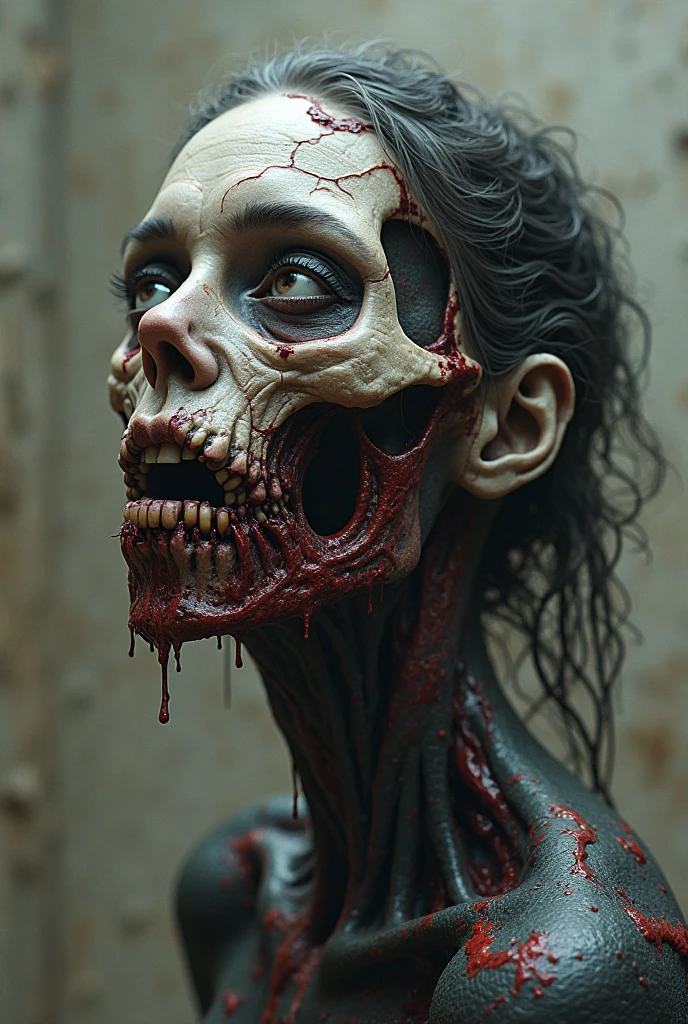Generate a chaotic, expressionistic portrait using dark hues. young zombie gothic woman of 2 with half of her face rotted with green cream, you can see the bones and a machete enters the corner of the head and exits the corner of the chin, blood on her face, pieces of human flesh, worms crawling on her face,, the bones showing with long straight black hair, ray tracing, jpeg artifacts, multiple views, UHD, masterpiece, accurate, textured skin, high details, award winning, highres, 16k, best quality