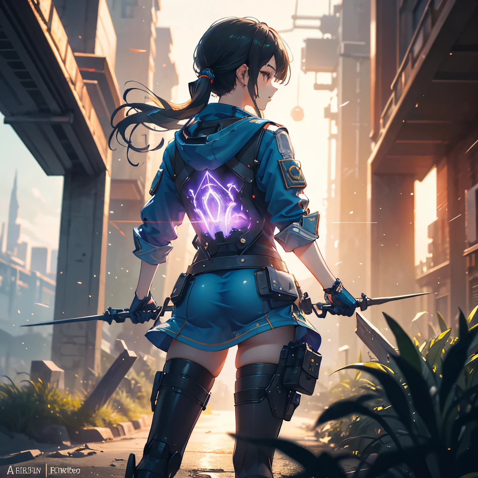 1girl, Korean webtoon style, adventurous girl in a fantasy hoodie exploring a vibrant world of towering structures, cascading waterfalls, and lush vegetation. Masterpiece-level anime rendering with ultra-detailed landscapes and dynamic lighting effects. The character, depicted from the back view, walks along a rustic bridge leading into a magical realm, evoking wonder and adventure. Inspired by Makoto Shinkai's anime style, the scene blends sci-fi and fantasy elements, featuring grasslands, distant mountains, fantastical birds, and a bright blue sky. She wears a goddess outfit with glowing rune arm guards, silver-buckled boots, and luxurious textures of leather and silk. Her long flowing hair cascades in an ethereal breeze as she holds a weapon in a goddess-like pose.
Additionally, a strikingly beautiful cyborg cyberpunk girl is depicted with half-mecha, half-human skin design. She carries a detailed fantasy weapon, styled in a sleek ponytail with white hair, wearing a machine outfit in white, orange, and black. Her intricate mechanical parts and hologram elements complement her Asian skin tone and captivating features. Set in a detailed sci-fi cityscape, the scene showcases advanced cyber technology, realistic neon signs, and dramatic lighting. Her outfit exhibits a strong cyberpunk aesthetic, blending fashion and technology. The composition adheres to professional photography techniques, emphasizing depth of field, natural lighting, and rule of thirds, creating a masterpiece of visual detail and texture