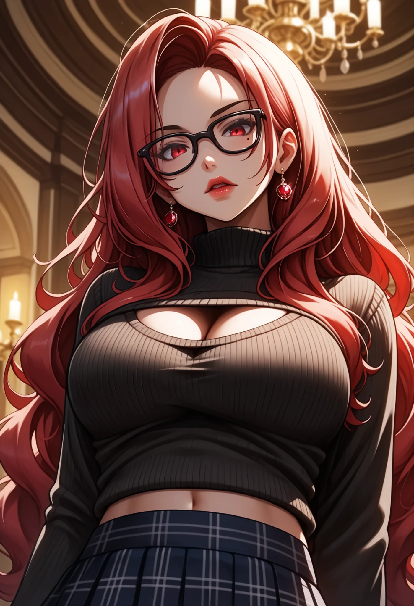 Watercolor, score_9, score_8_up, score_7_up, (Volumetric_lighting: 1.7), (masterpiece), (lora: detailed anime girlsXL), (lora: My Pony Style V4), (lora: NoobAI-XL Detailer), (lora: smooth lighting enhancer) (lora: Detailed Background), (lora: NKxXmo's Shaded Face), (lora: SDXL high detailed. LoRA_SDXL_ARW_0010: 0.75), (lora: Waifu Eyes), (((Masterpiece, high quality, detailed image, 1woman, black_sweater, crop_sweater, long_black_skirt, black-framed_eyewear, very_long_hair, crimson_hair,))), solo, solo_focus, cleavage, looking_at_viewer, glasses, indoors, lips, mole_on_breast, standing, studio, blurry_background, foreshadowing, 8K, high_quality, detail_focused, blurry_background, (Diminishing scale perspective:1.3), ((forced_perspective))